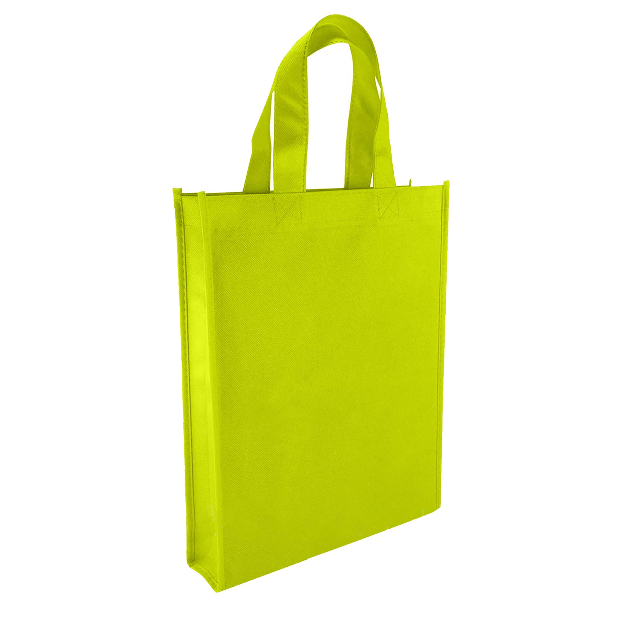 A bright lime green non-woven trade show bag with sturdy handles and a simple design. It features a logo.