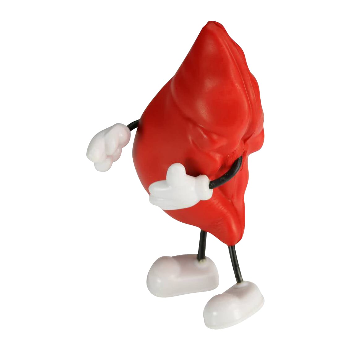 A red liver-shaped stress reliever with white hands and feet, featuring a playful design.