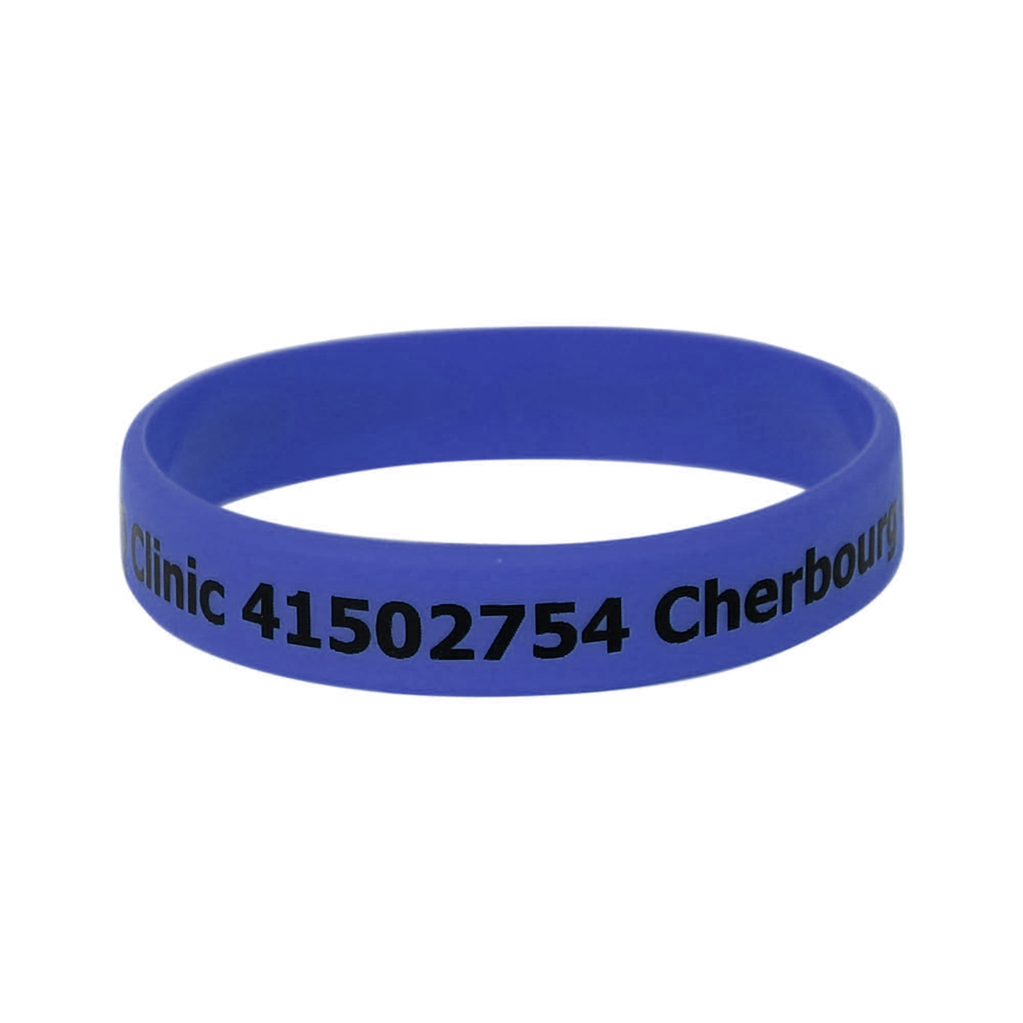 A blue silicone wristband featuring black text and a logo. Suitable for exhibitions and events.