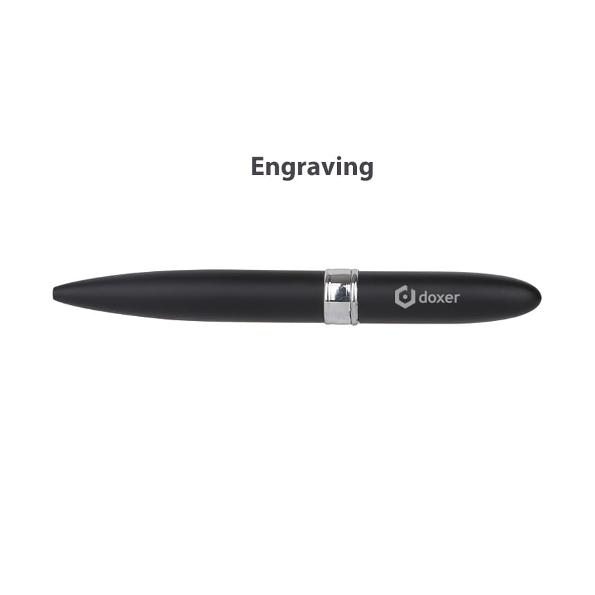 A sleek black pen with a silver band and a logo, designed for engraving.