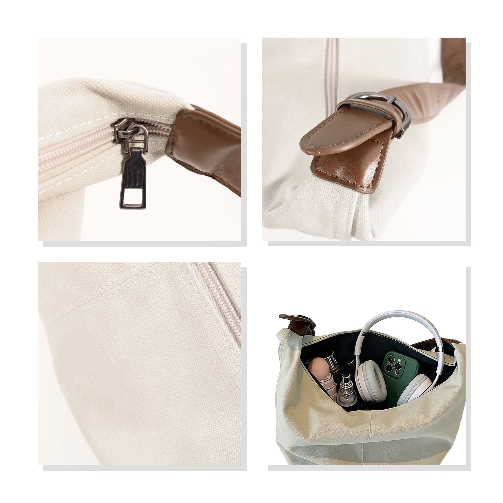 A beige canvas tote bag with brown accents, showcasing a zipper, strap detail, and interior contents including headphones and bottles.