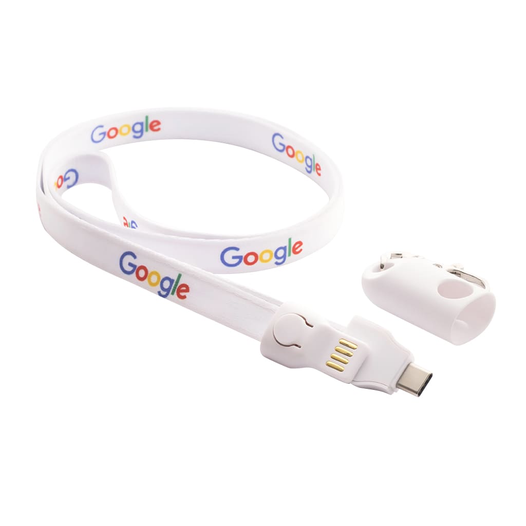 A white polyester lanyard with a branding logo, featuring a detachable charging cable in USB-C format.