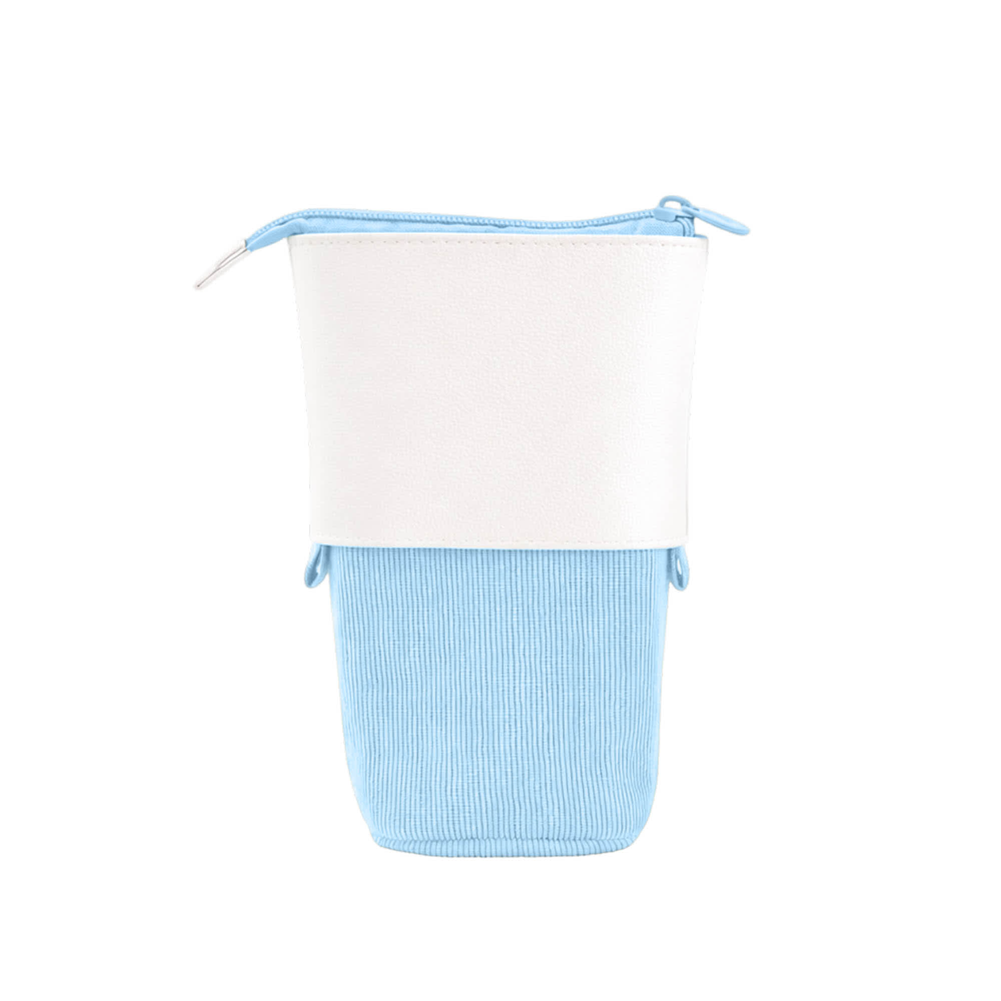 A light blue and white expandable pencil case with a zip closure and decorative details. It features a logo.