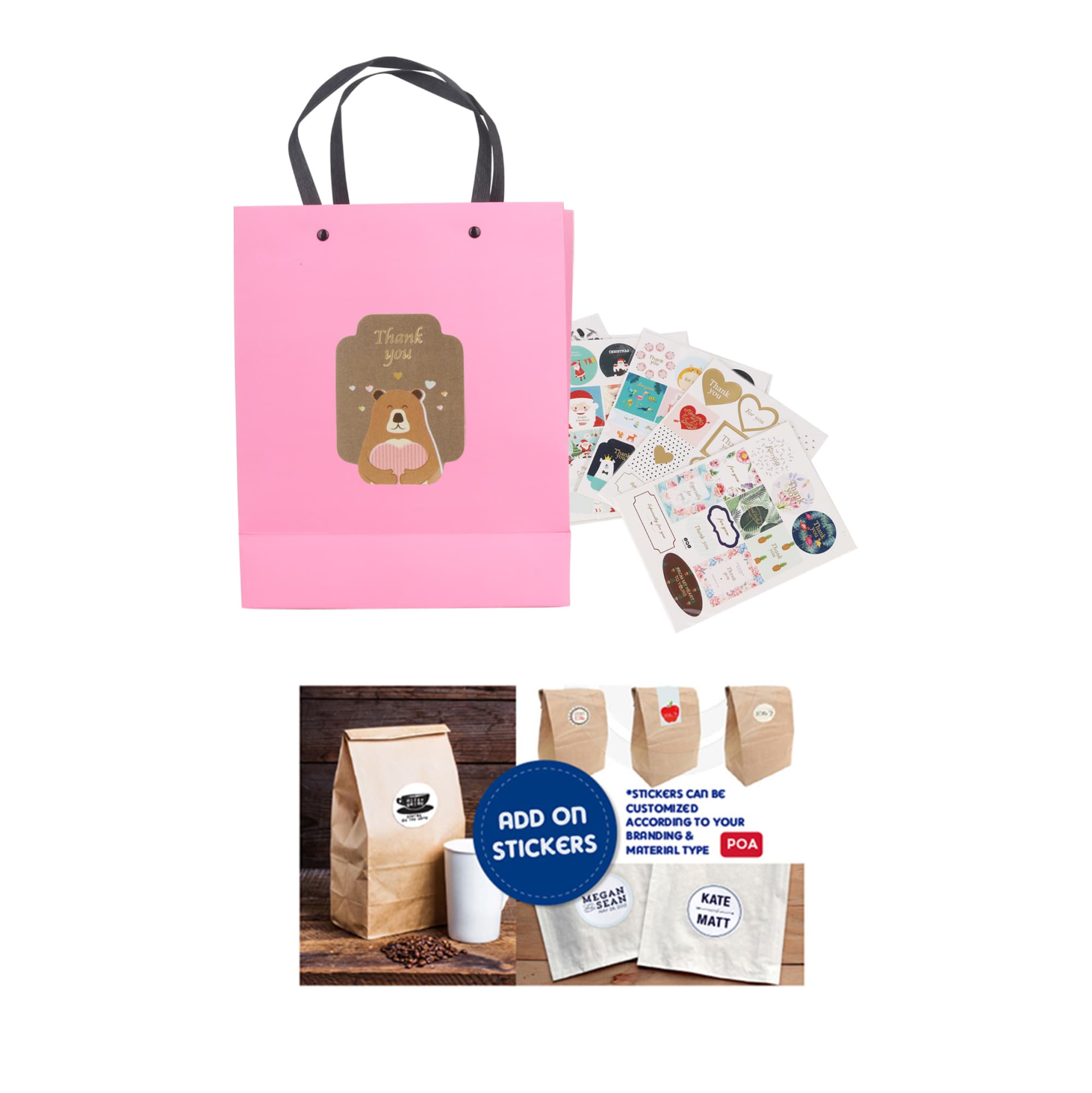 A pink knitted handle bag with a decorative design, accompanied by assorted stickers and a coffee bag.