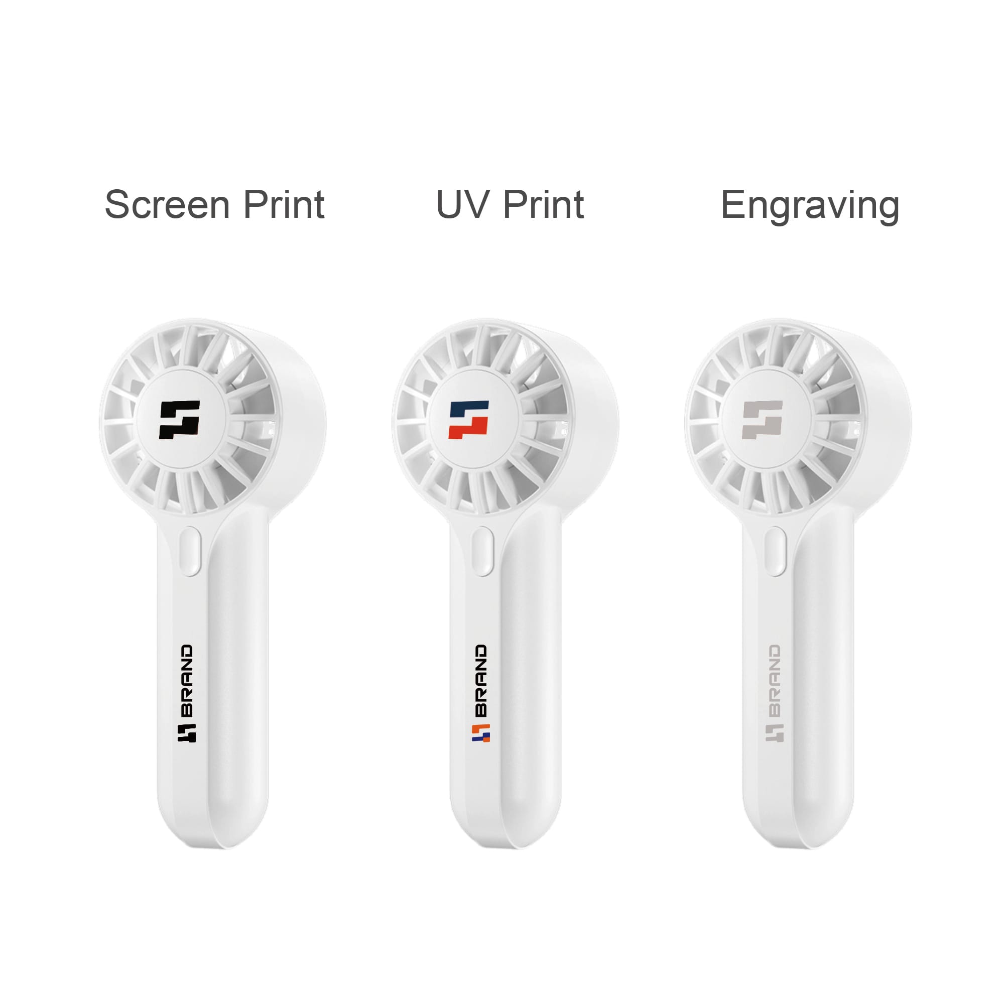 A Mini Travel Handheld Fan in white, featuring different printing options on the front; includes a logo.