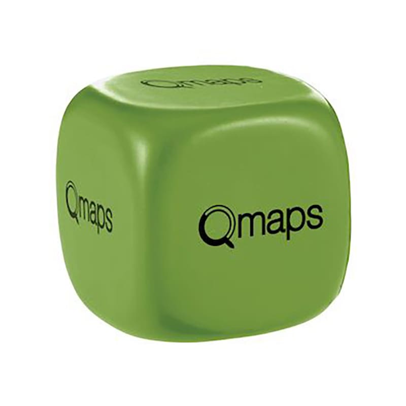 A green cube-shaped stress reliever featuring a logo on its surface.