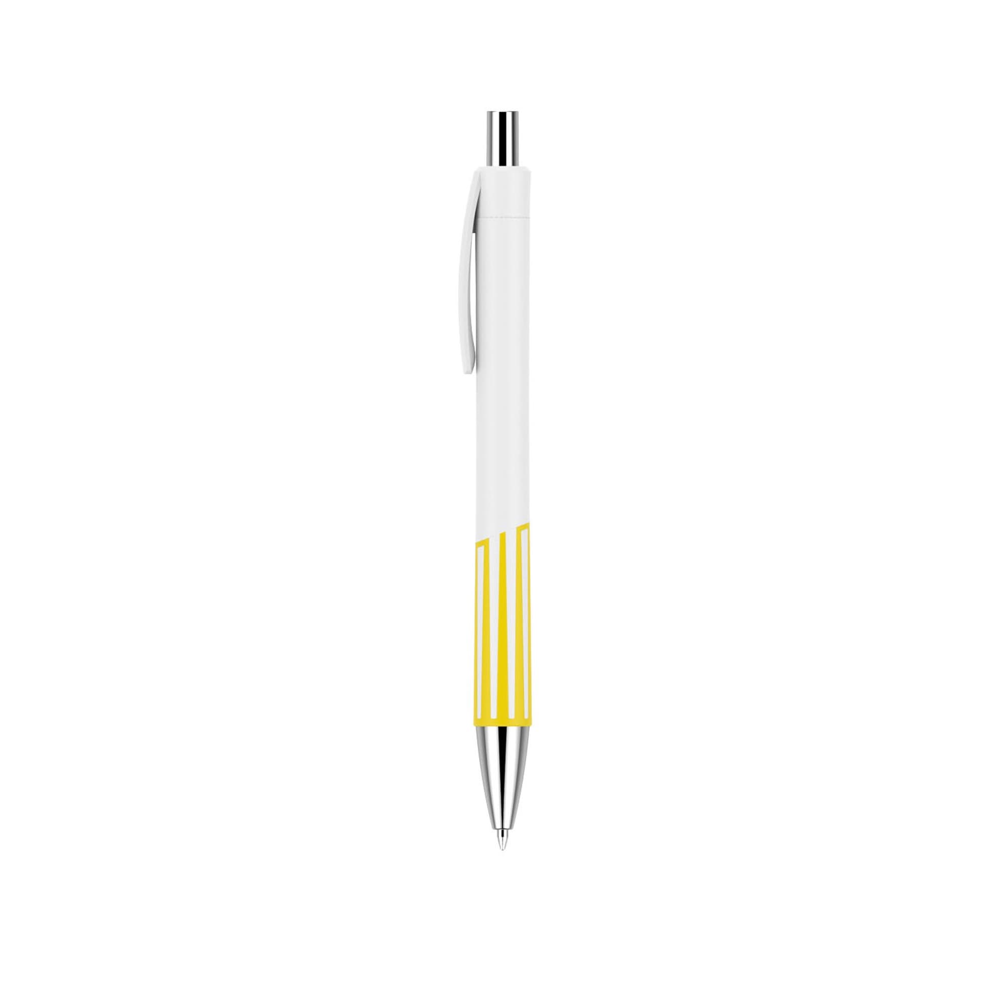 A creamy white plastic pen with yellow accents and a stainless steel tip, featuring a clip and branding.