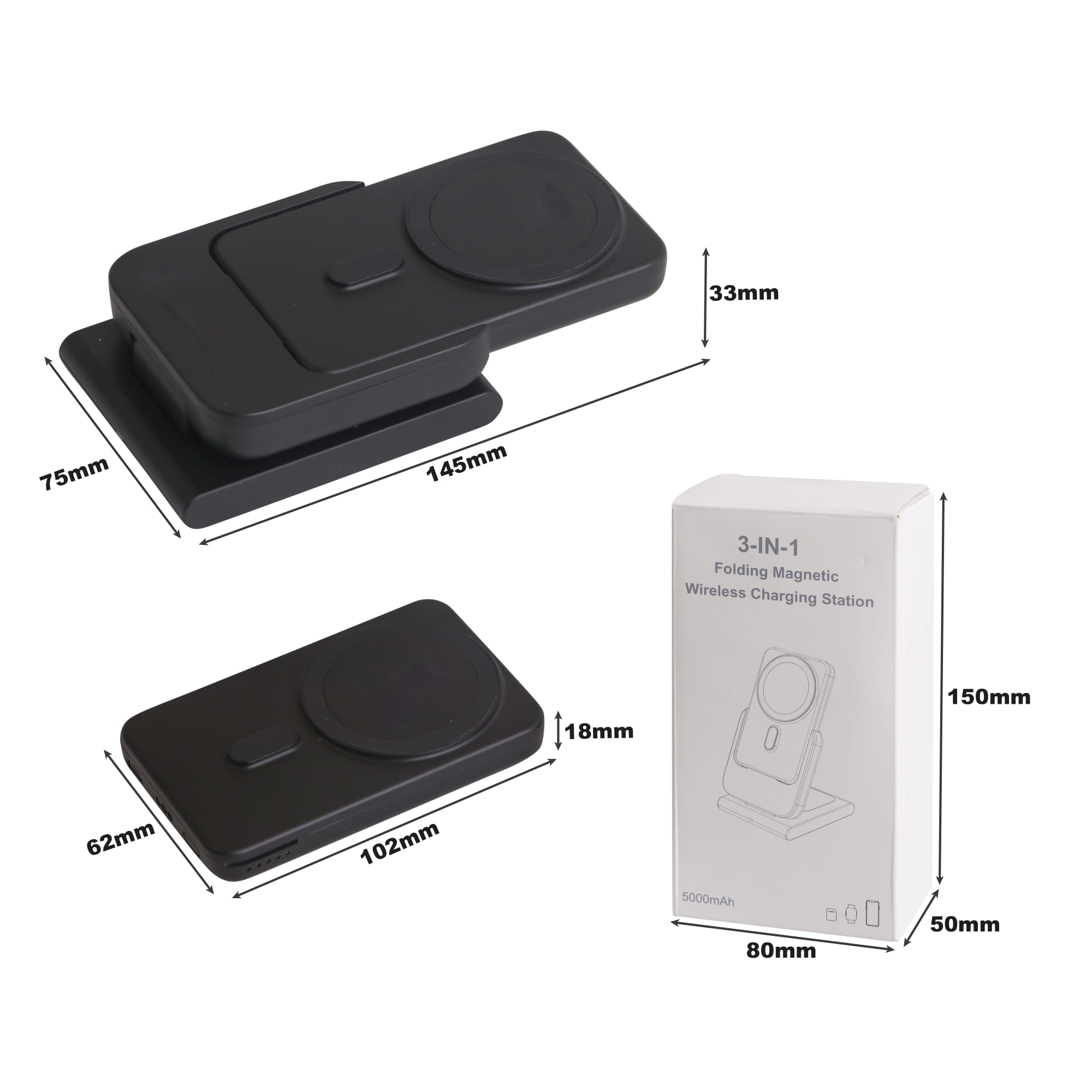 A black 3-in-1 power bank charging station with a sleek design and a branded box beside it.
