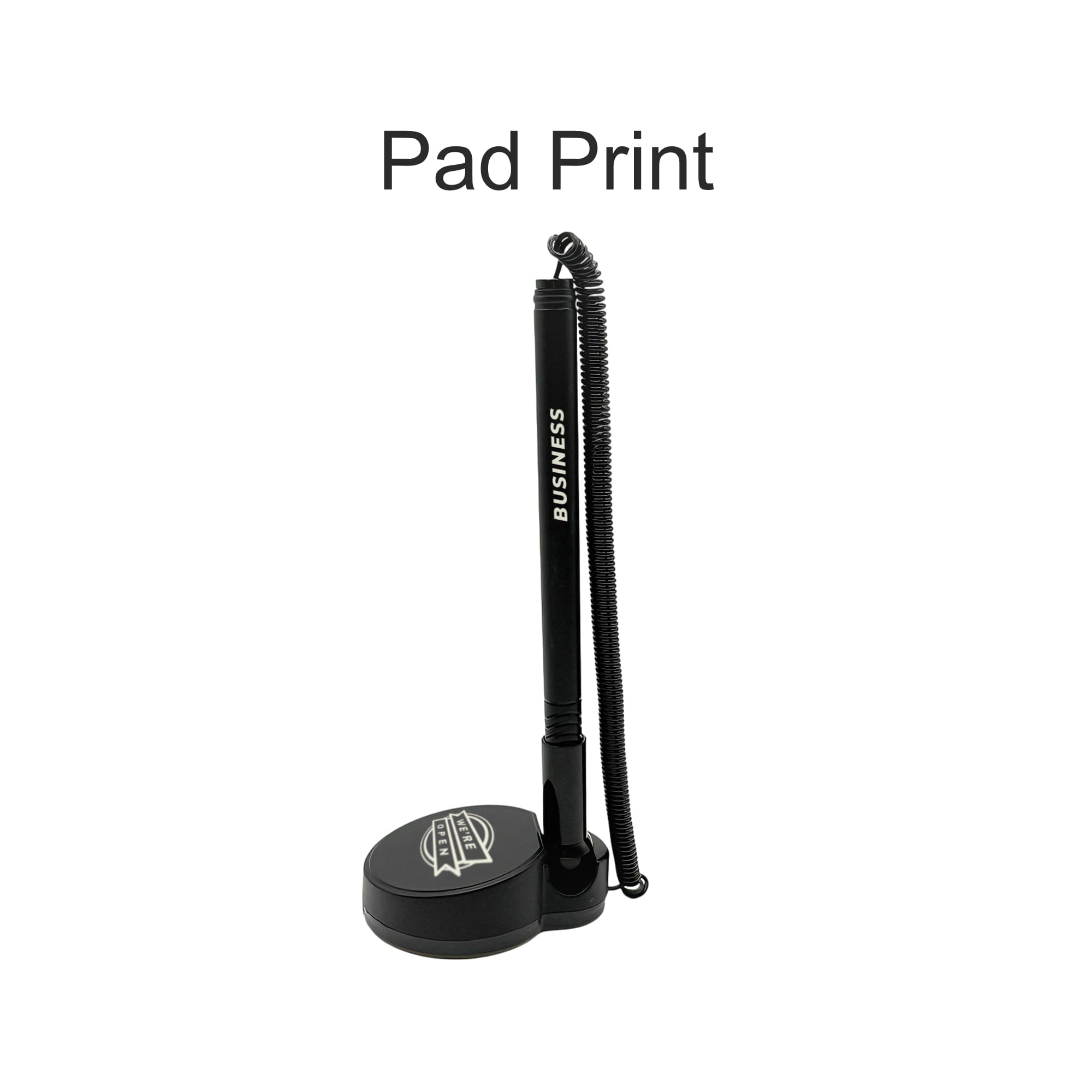 A black fixed signature pen with a coiled cord attached to a round base. The base has a logo.