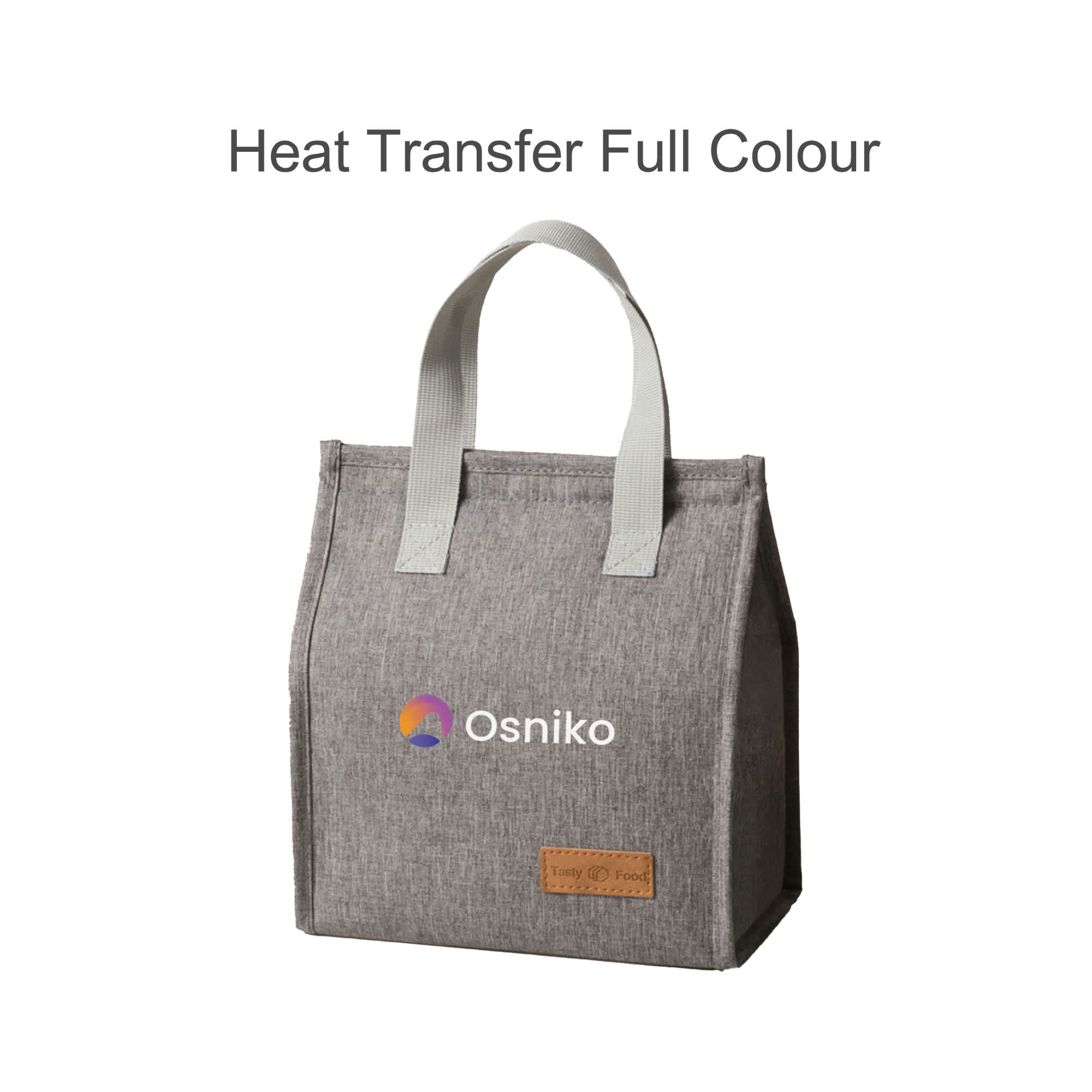 A grey minimalist lunch bag with a simple design, featuring handles and a logo on the front.