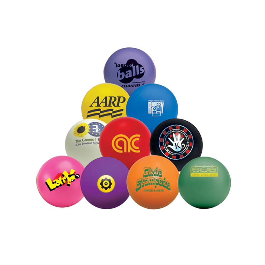 A collection of colourful stress balls in various shades, including blue, red, green, yellow, and purple, with logos.
