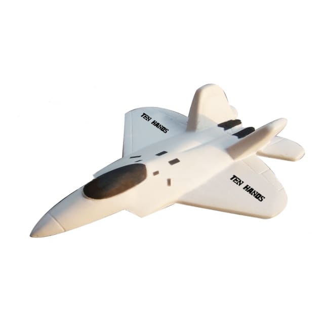 A white stress reliever in the shape of a jet, featuring a logo on the body.