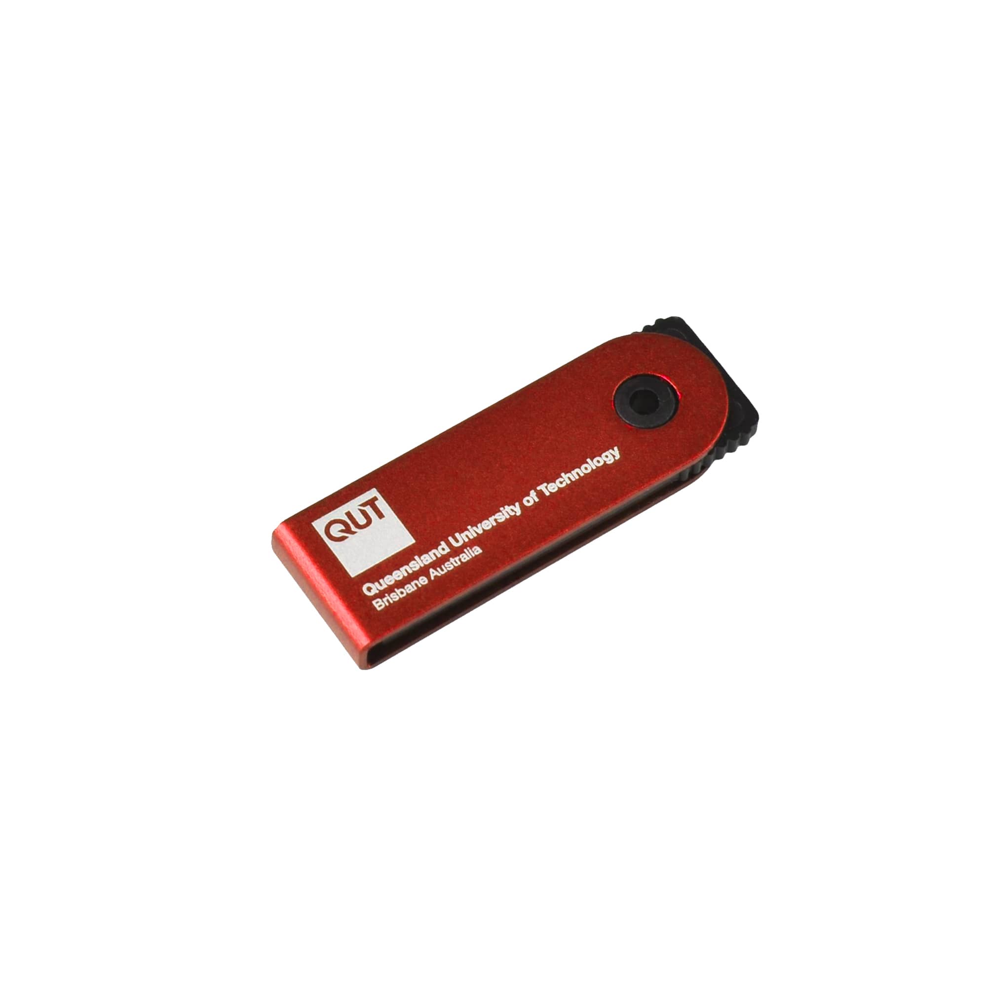 A red flash drive with a black end and a logo, featuring a compact design for portability.