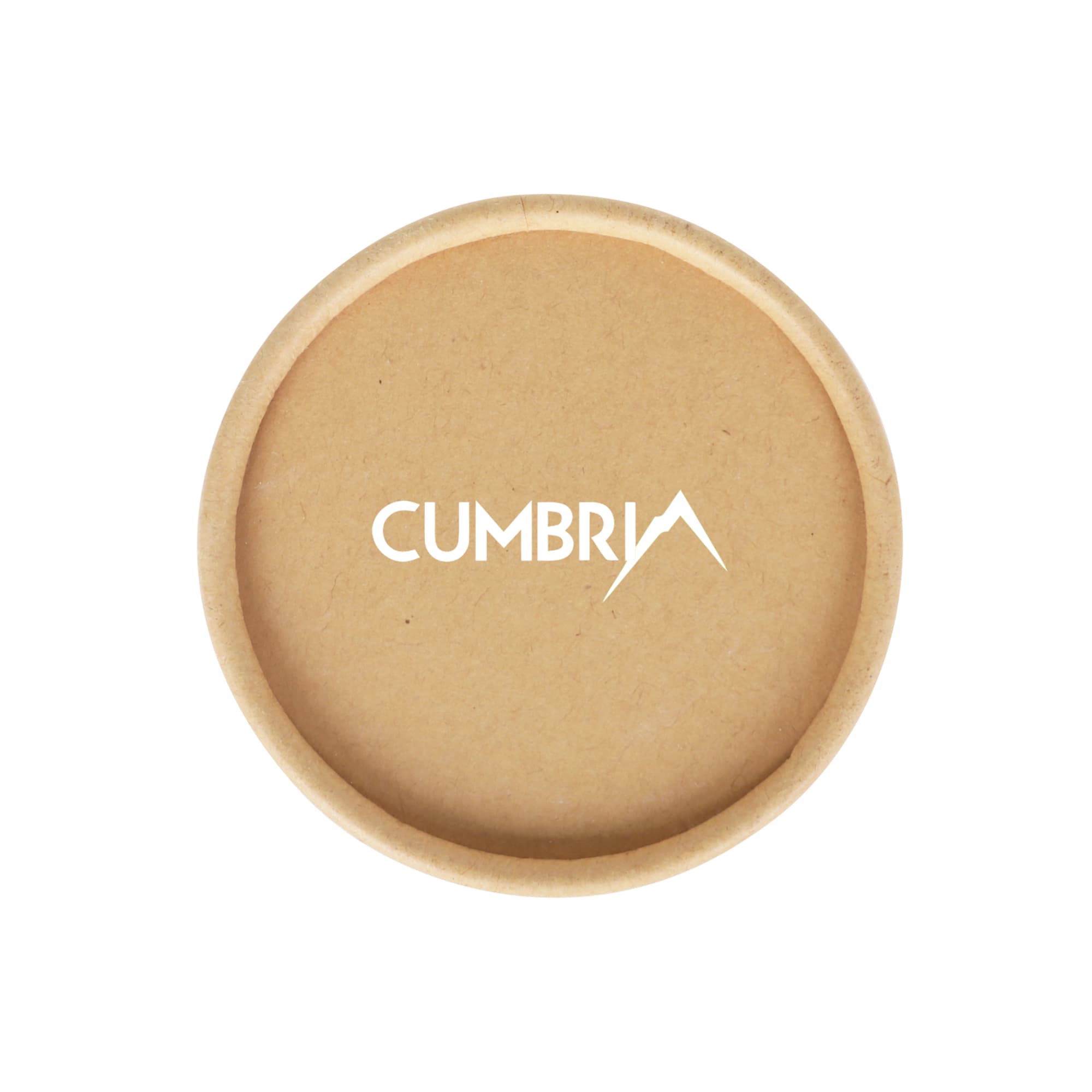 A small cylindrical paper box in natural brown with a logo on the top. Dimensions are 65 x 130mm.