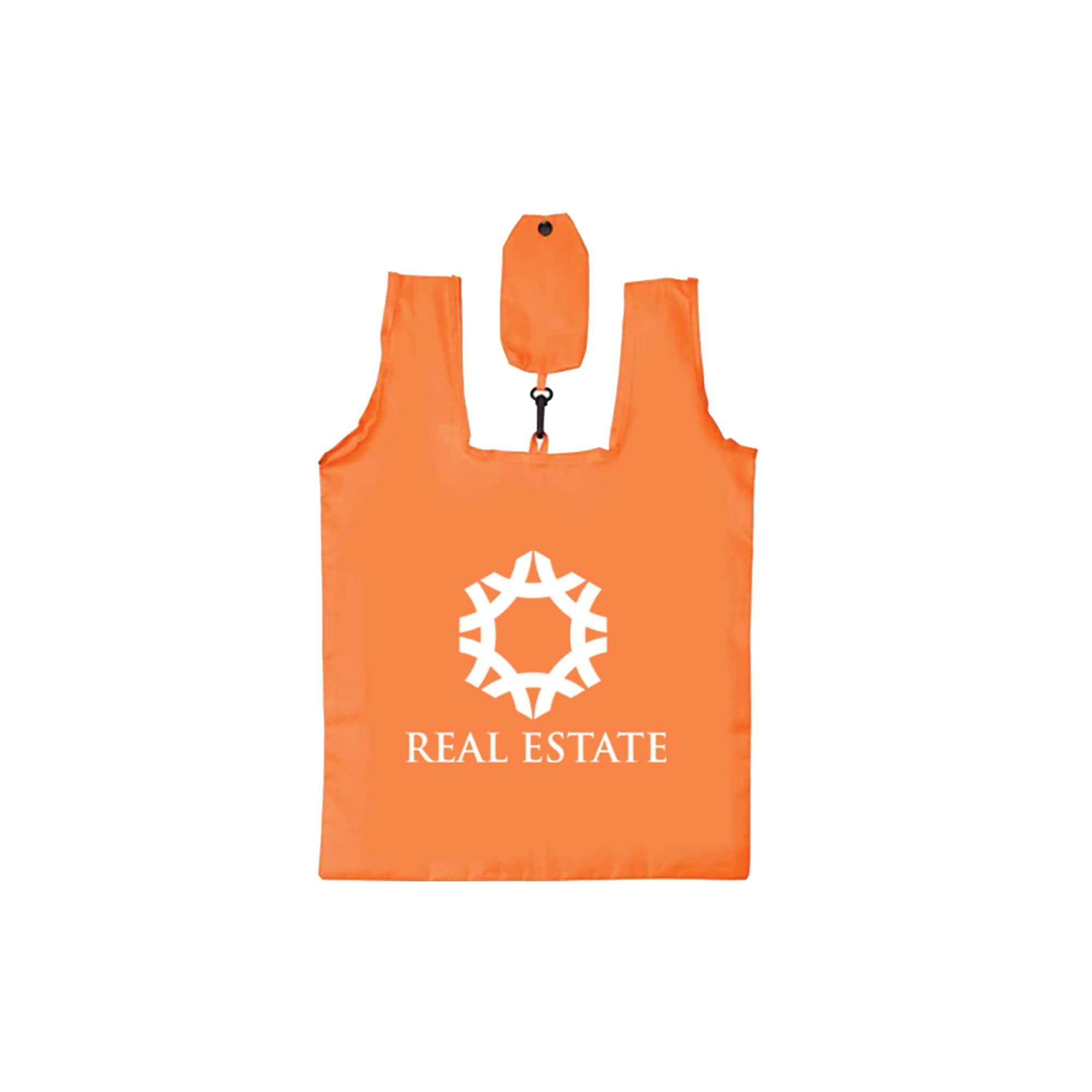 An orange foldable shopping tote bag with a logo and a small pouch for compact storage.
