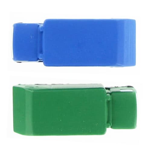 A blue and green garbage truck shape stress reliever, designed for fun and stress relief. Features a logo.