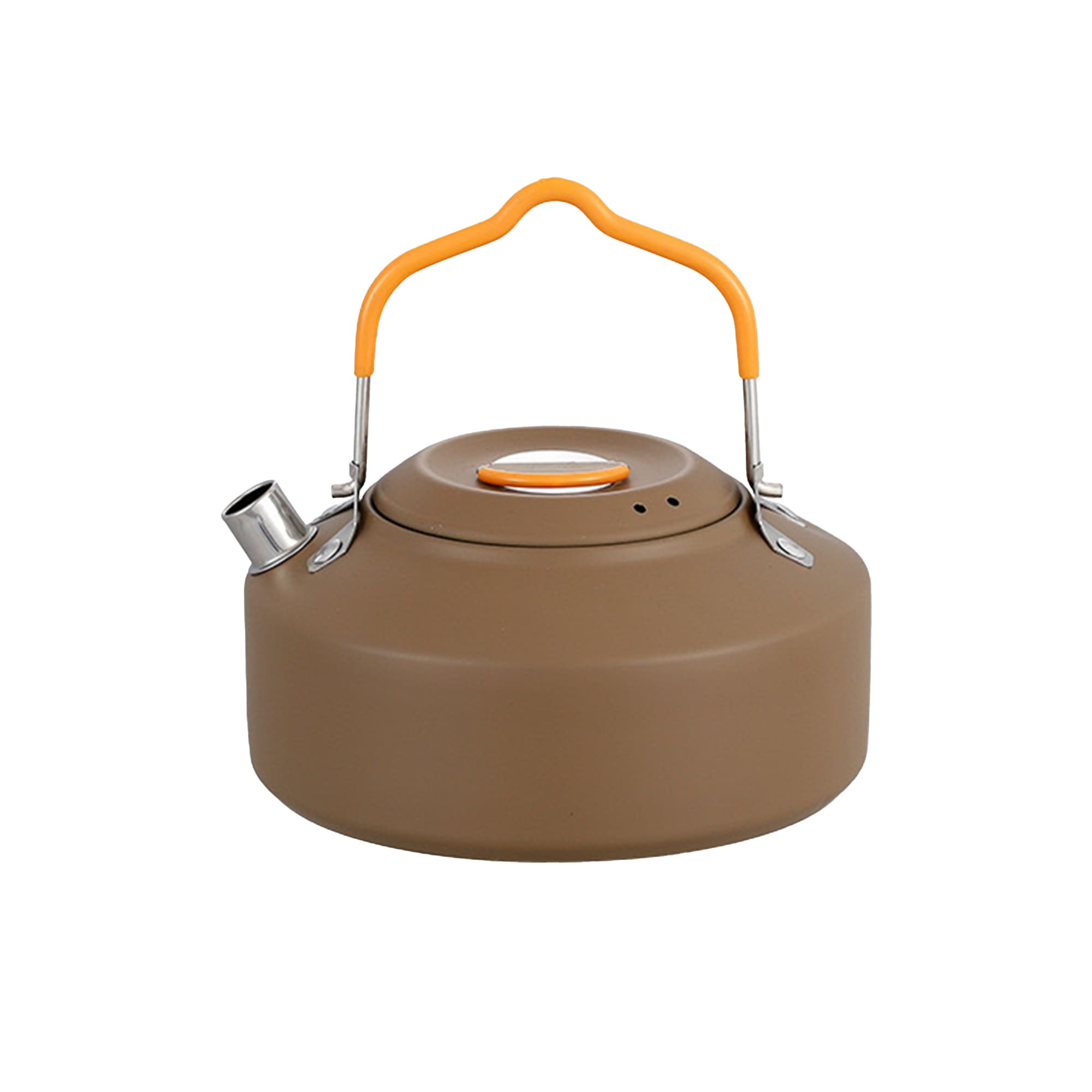 A brown camping kettle with a lid and orange handle, featuring a spout and a stainless steel nozzle.