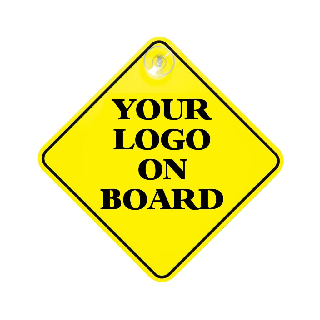 A yellow diamond-shaped warning sign with a suction cup, featuring a placeholder for a logo.