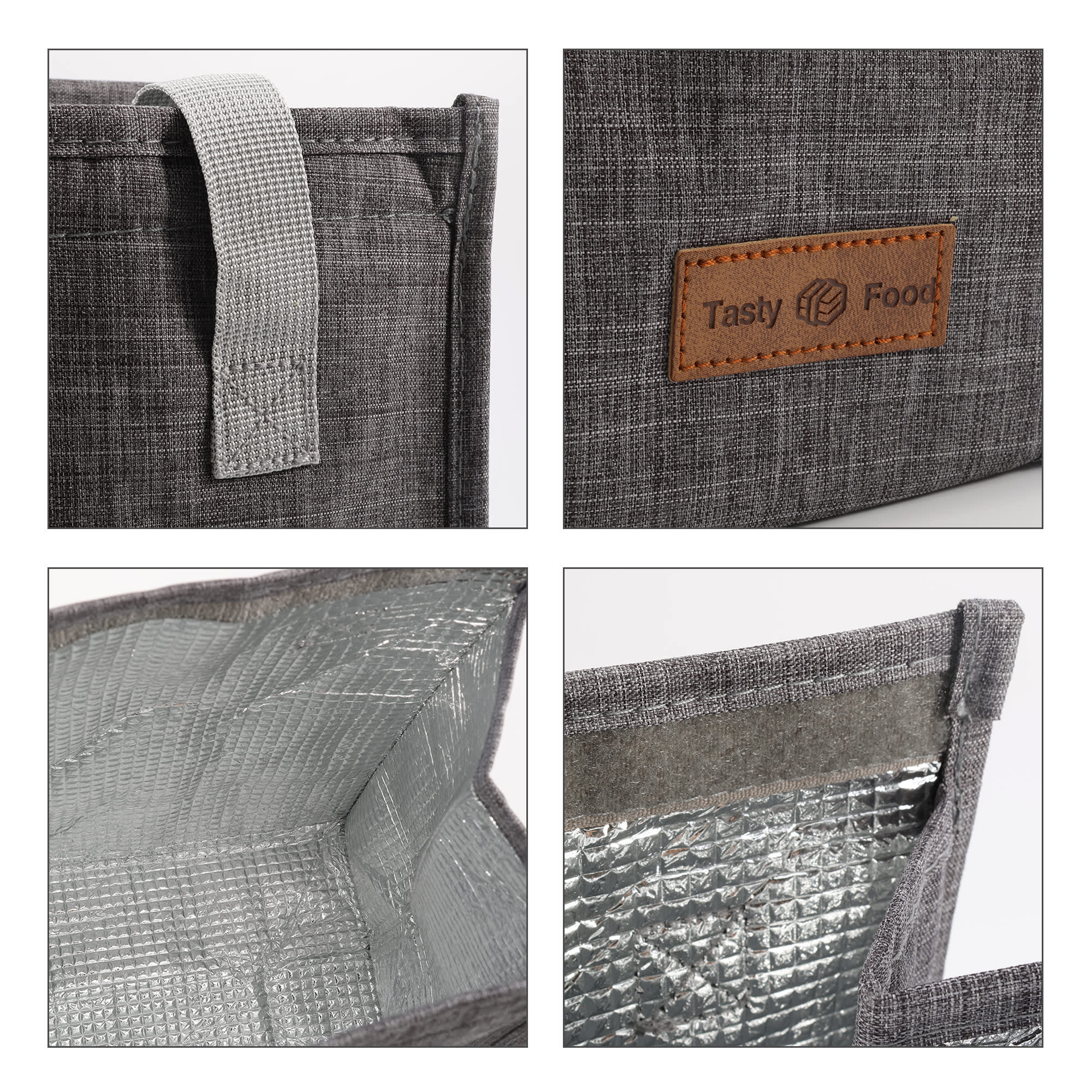 A grey minimalist lunch bag with a textured exterior, a leather-like tag, and a silver insulated interior.