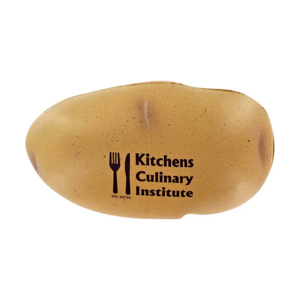 A potato-shaped stress reliever in beige with a logo printed on it, resembling a realistic potato.