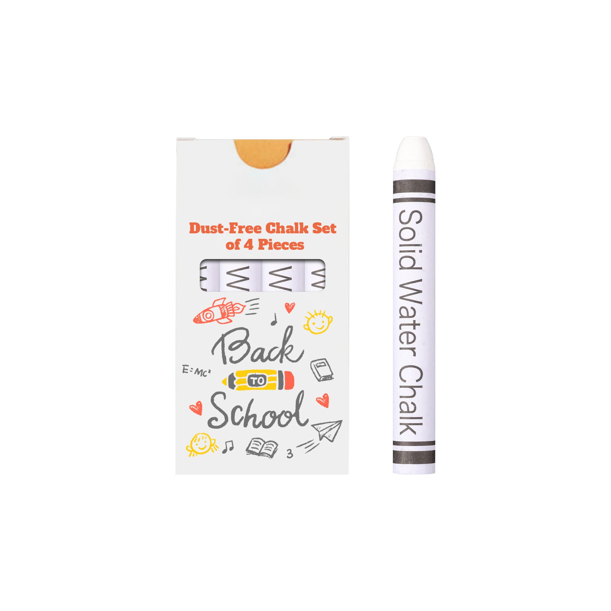 A box containing four white dust-free chalk sticks, featuring a playful design on the packaging.