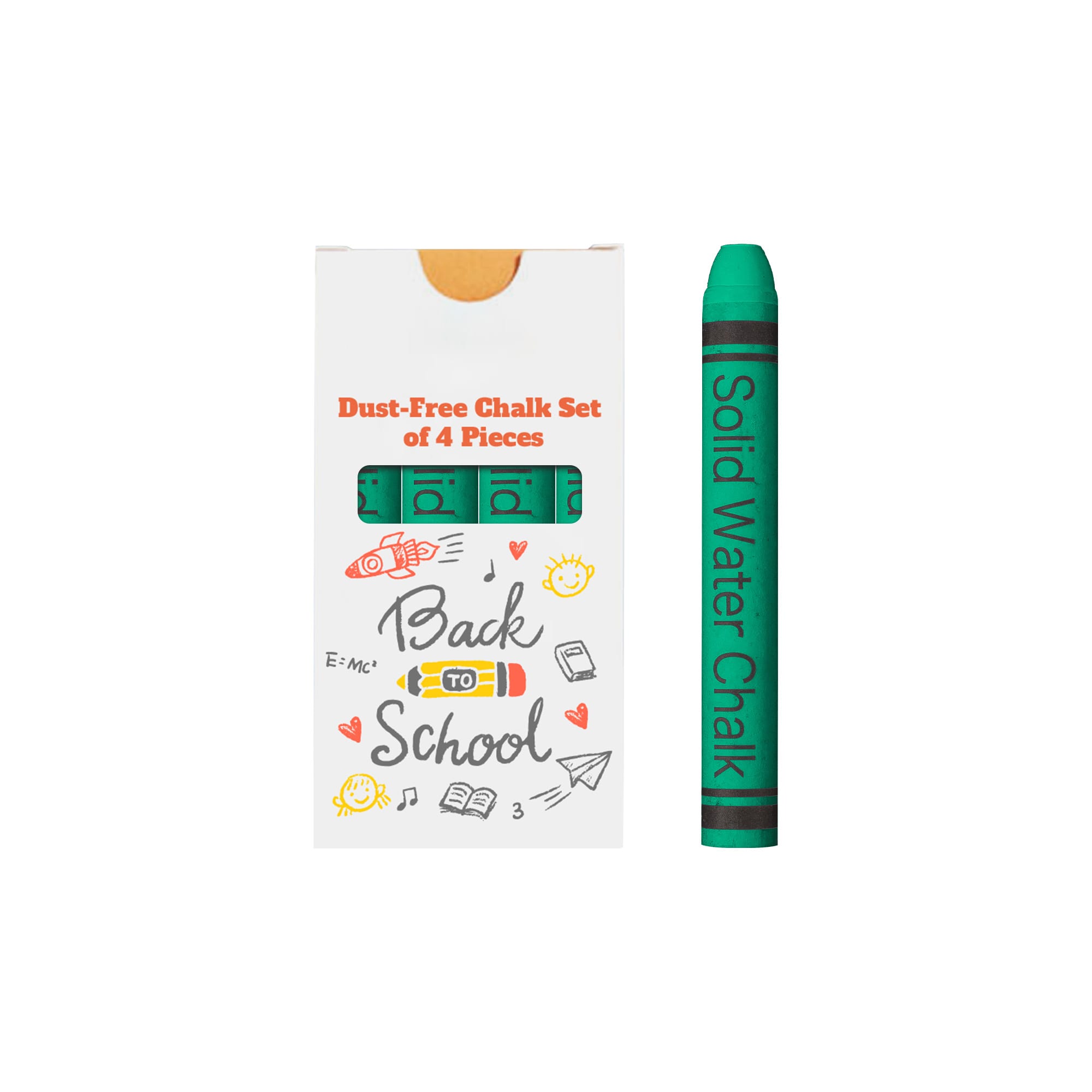 A green chalk stick set in a box, featuring four pieces labelled as "Dust-Free Chalk." The box has playful illustrations.