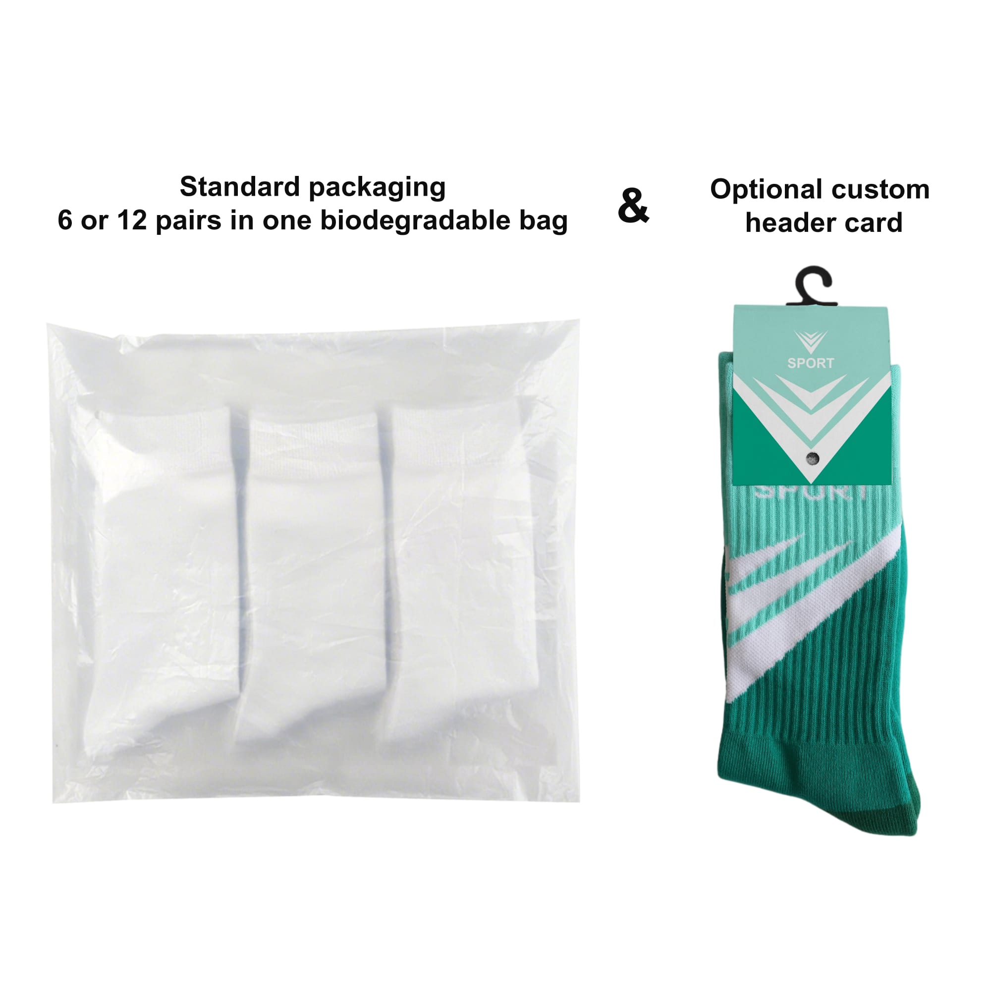 Crew woven sport socks in teal with towel bottom, packaged in biodegradable bags, featuring optional custom header card.