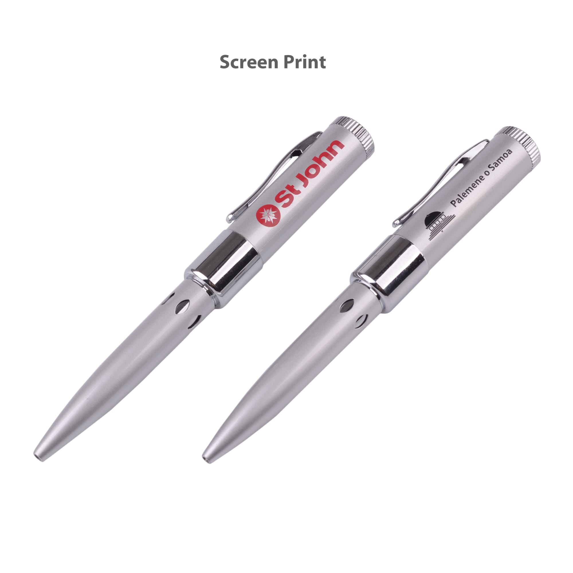A silver pen with a clip and a metallic finish, featuring branding on its barrel. It has a sleek and modern design.
