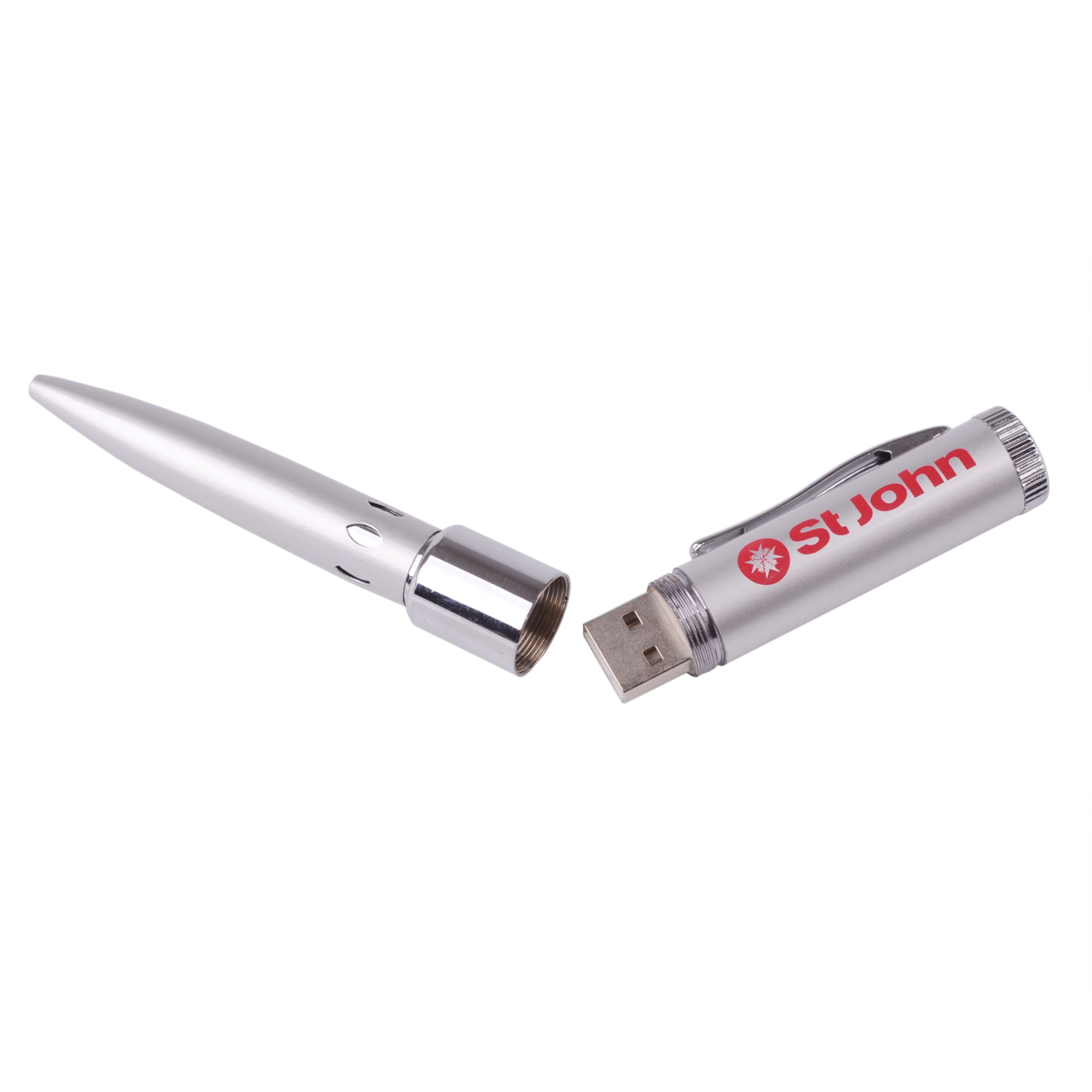 A silver flash drive pen with a metallic finish, featuring a logo and a removable cap.