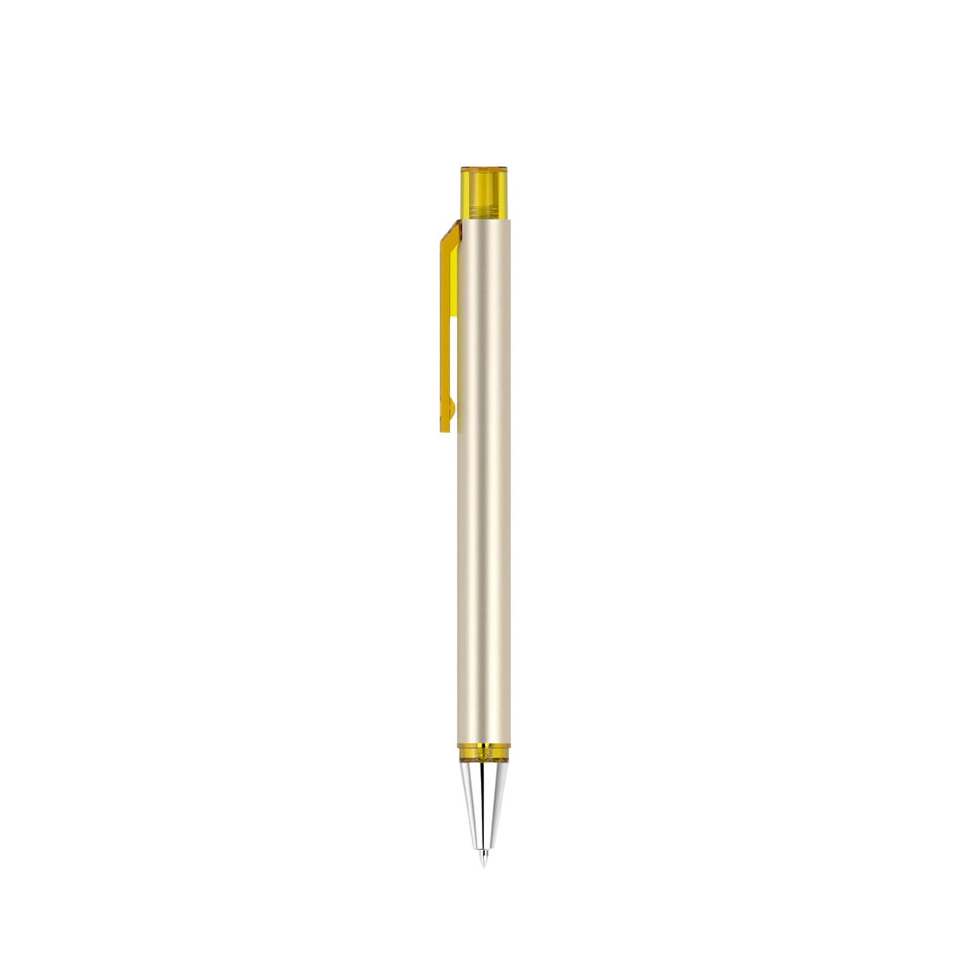 A flat pen featuring a silver body with a yellow clip and tip, and a small logo.