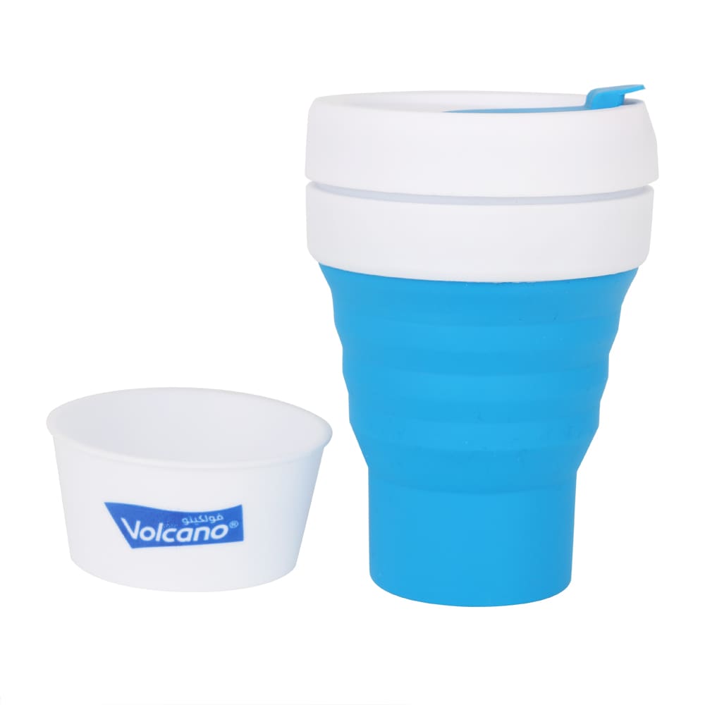 A drink bottle featuring a blue collapsible silicone coffee cup with a white lid and a small white container, branded.