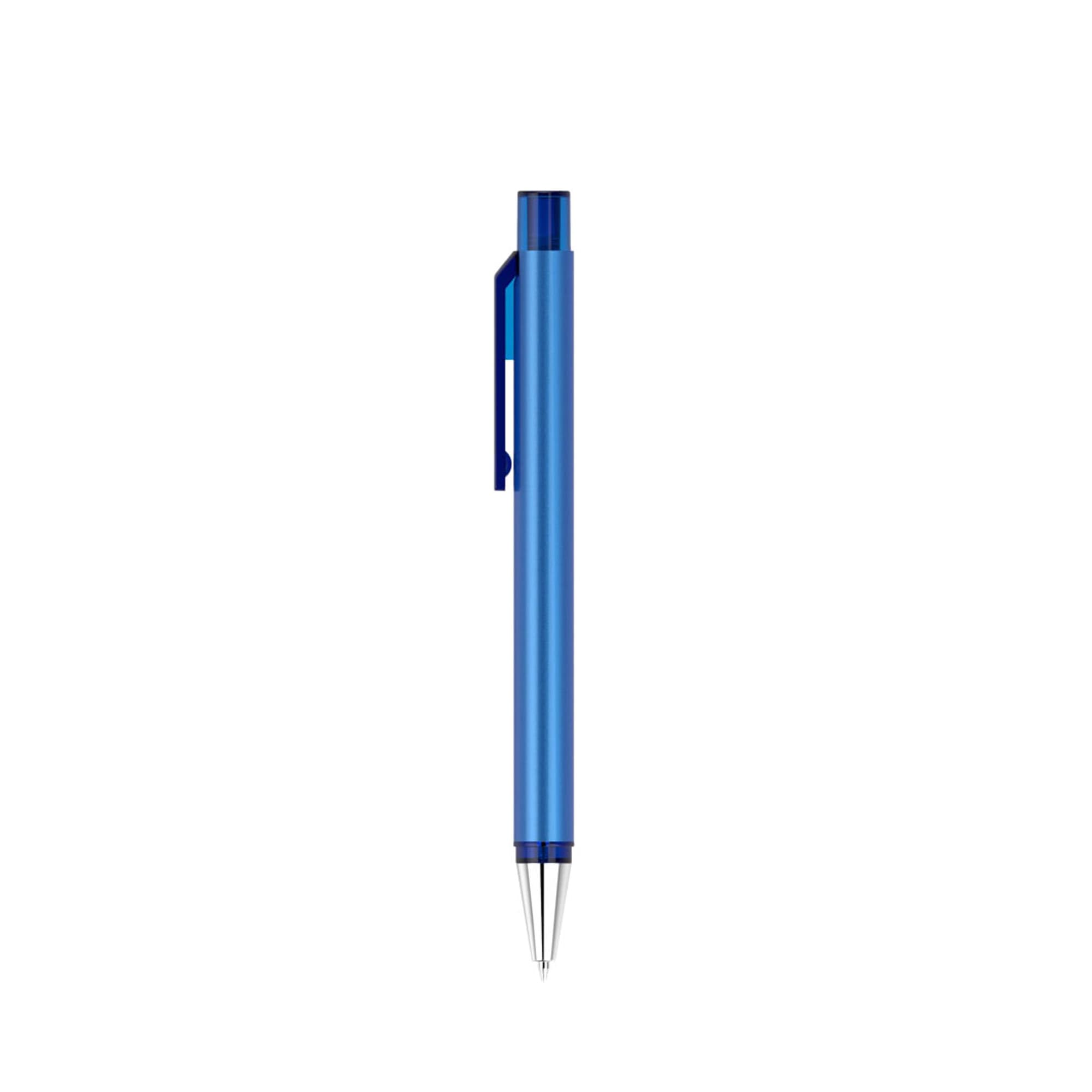 A blue plastic pen with a clip and silver nib, featuring a logo on its side.