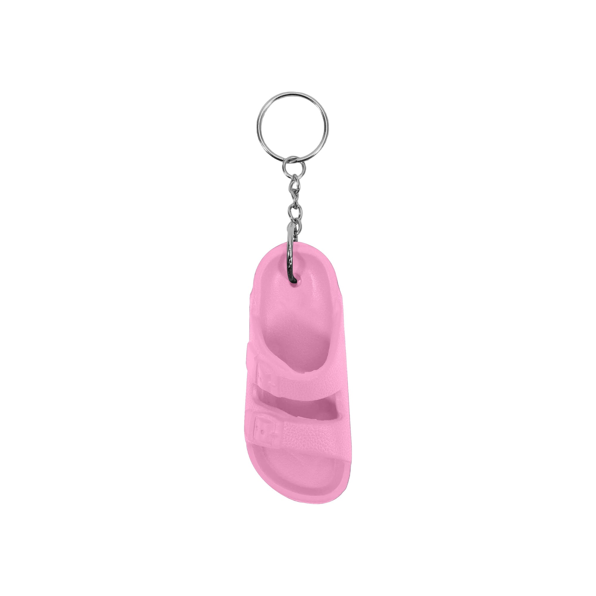 A pink sandal-shaped keyring attached to a metal keychain. The keyring features a buckle detail.