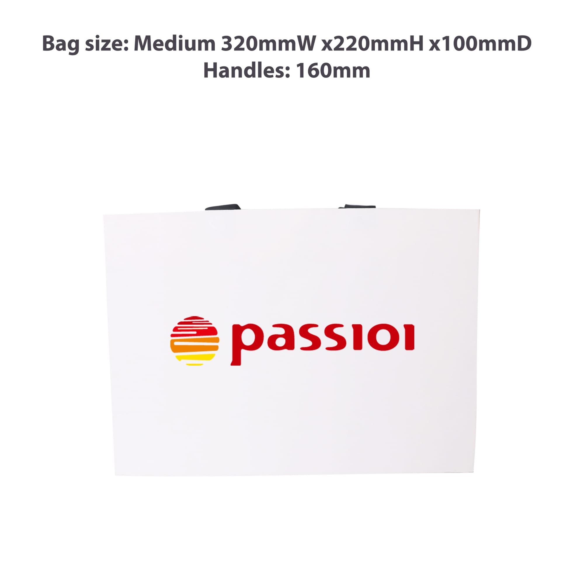 A medium white paper bag with flat black handles and a logo printed on the front.