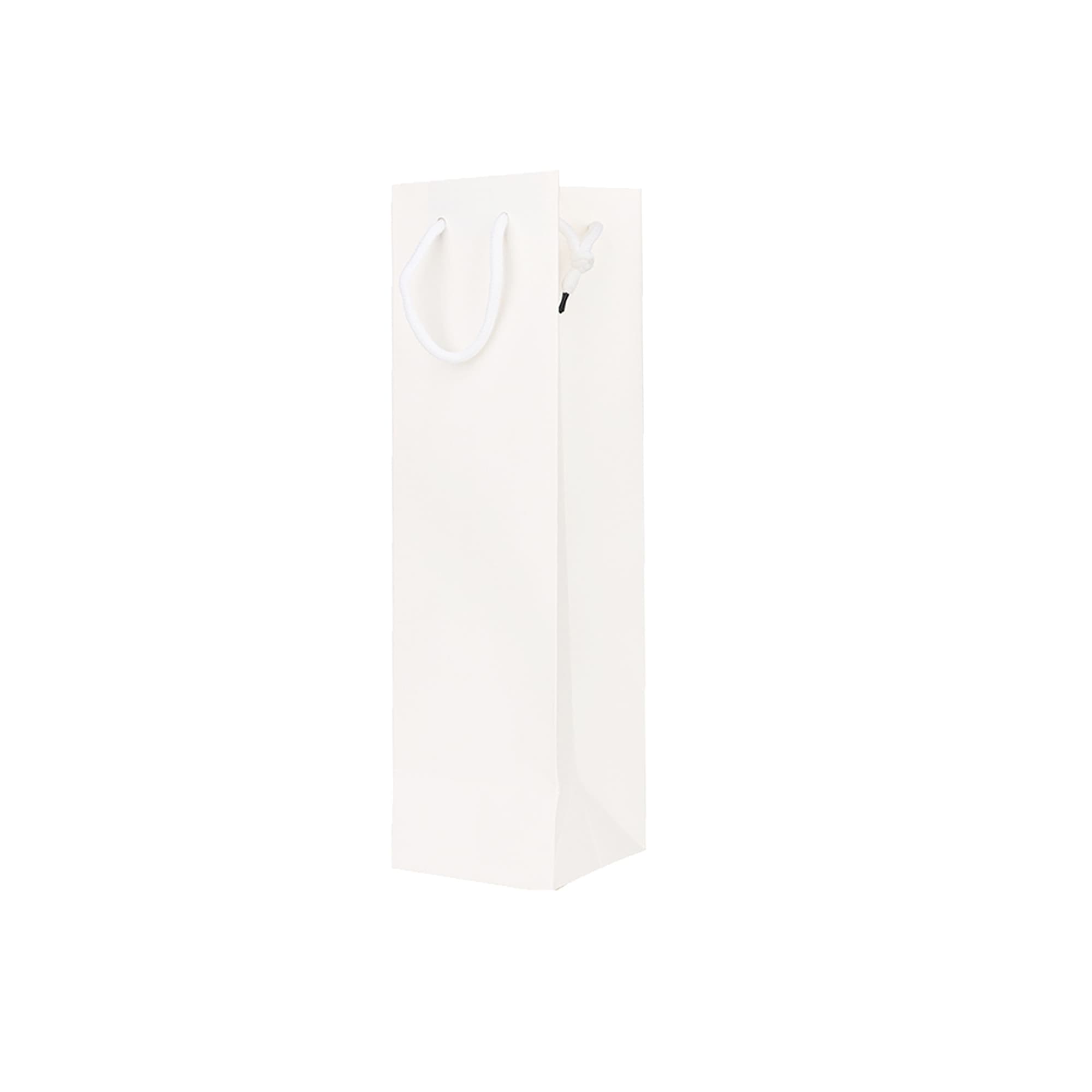 A drink bottle paper bag in white, featuring a handle, designed for holding wine bottles.