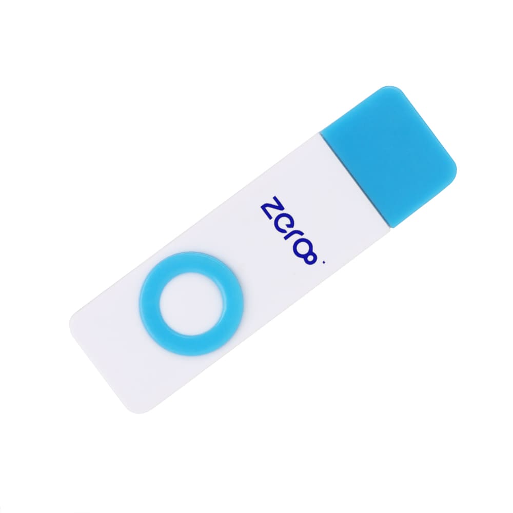 A white and blue flash drive with a circular accent, featuring a logo on its surface.