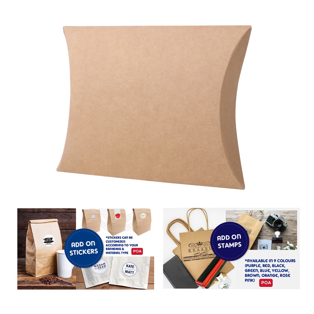 A large brown kraft pillow box, curved shape, made of kraft paper, with an area for branding.