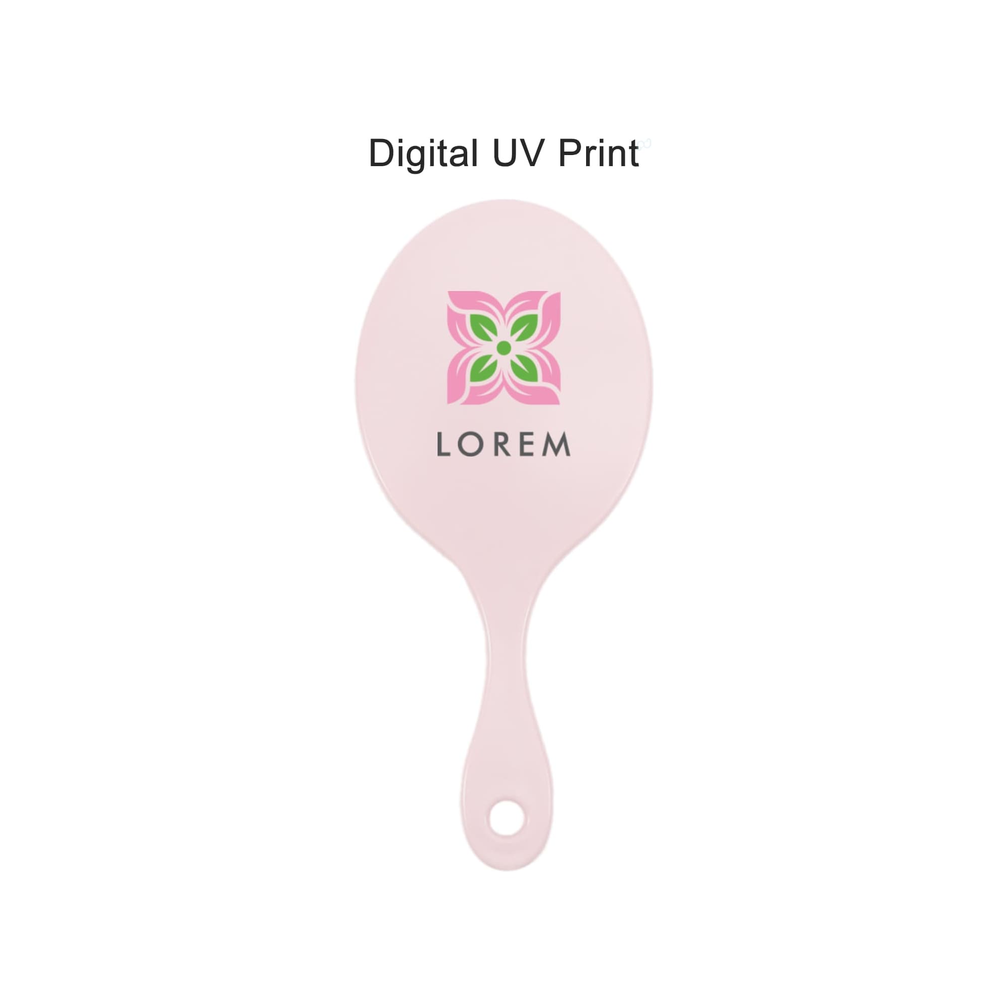A pink handheld makeup mirror with a floral logo design in the centre.