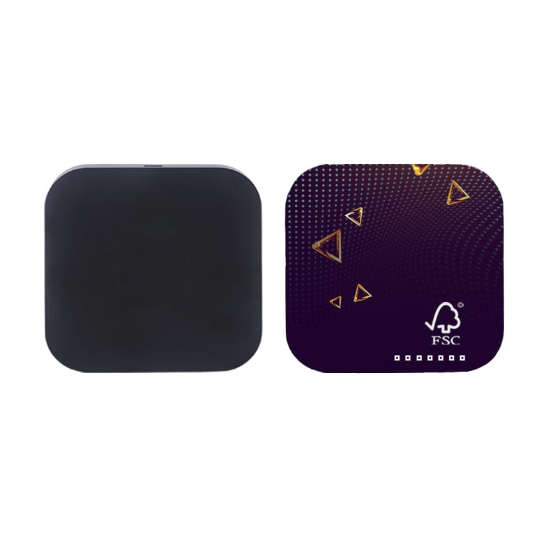 A square-shaped wireless charger featuring a black and patterned purple design. Includes a branding logo.