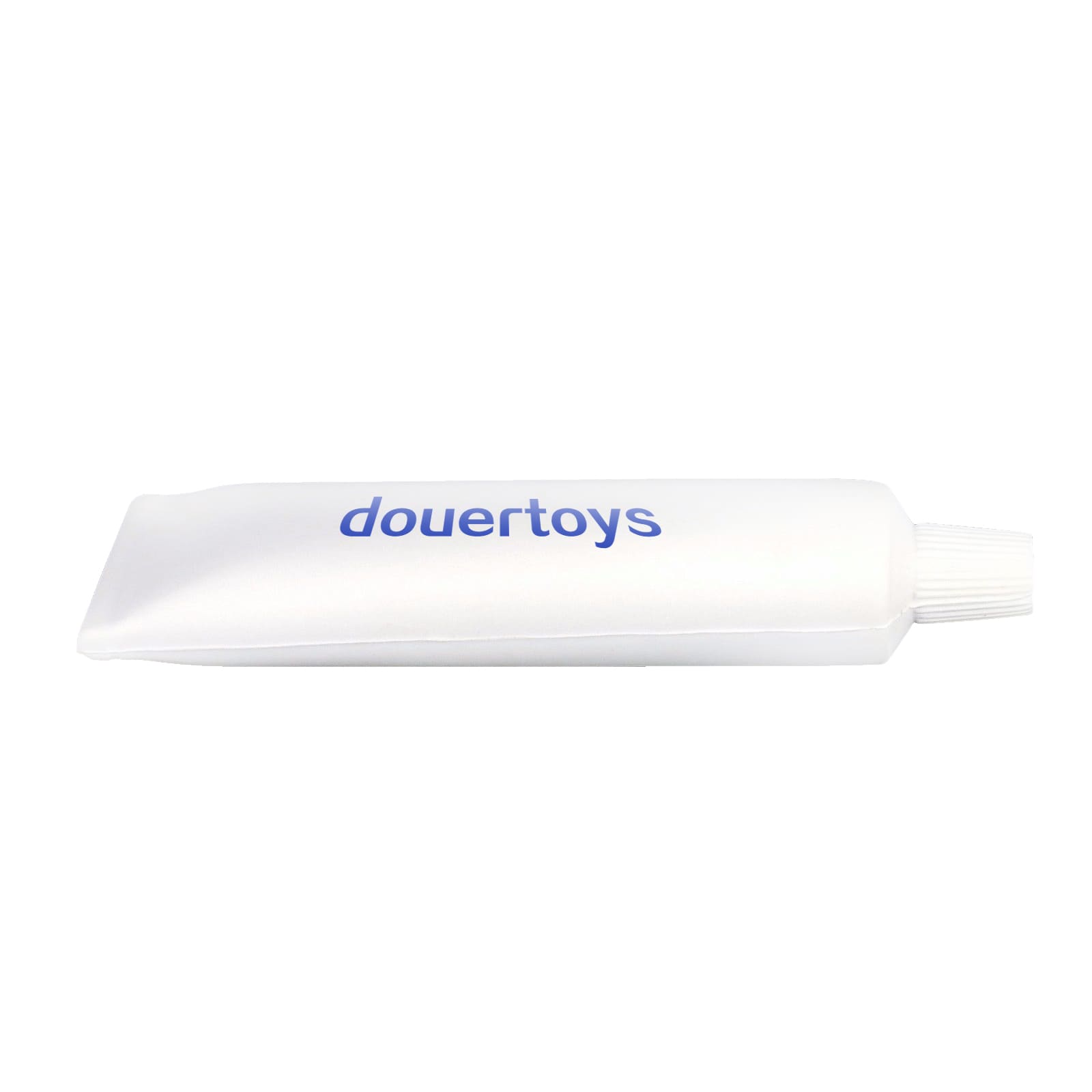 A large white stress reliever shaped like a toothpaste tube, featuring a blue logo.