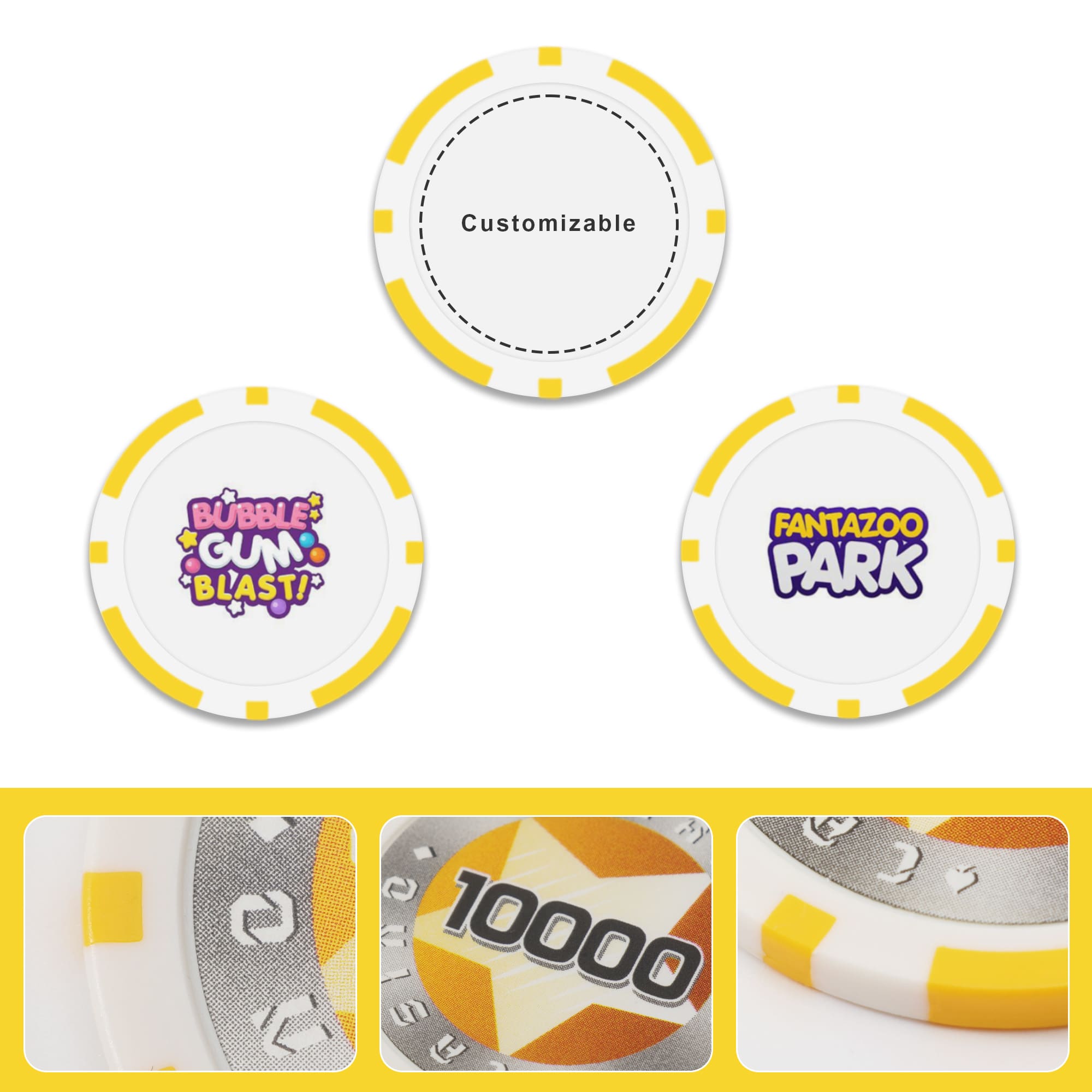 A set of poker chips in white and yellow, featuring various designs and a customizable section.