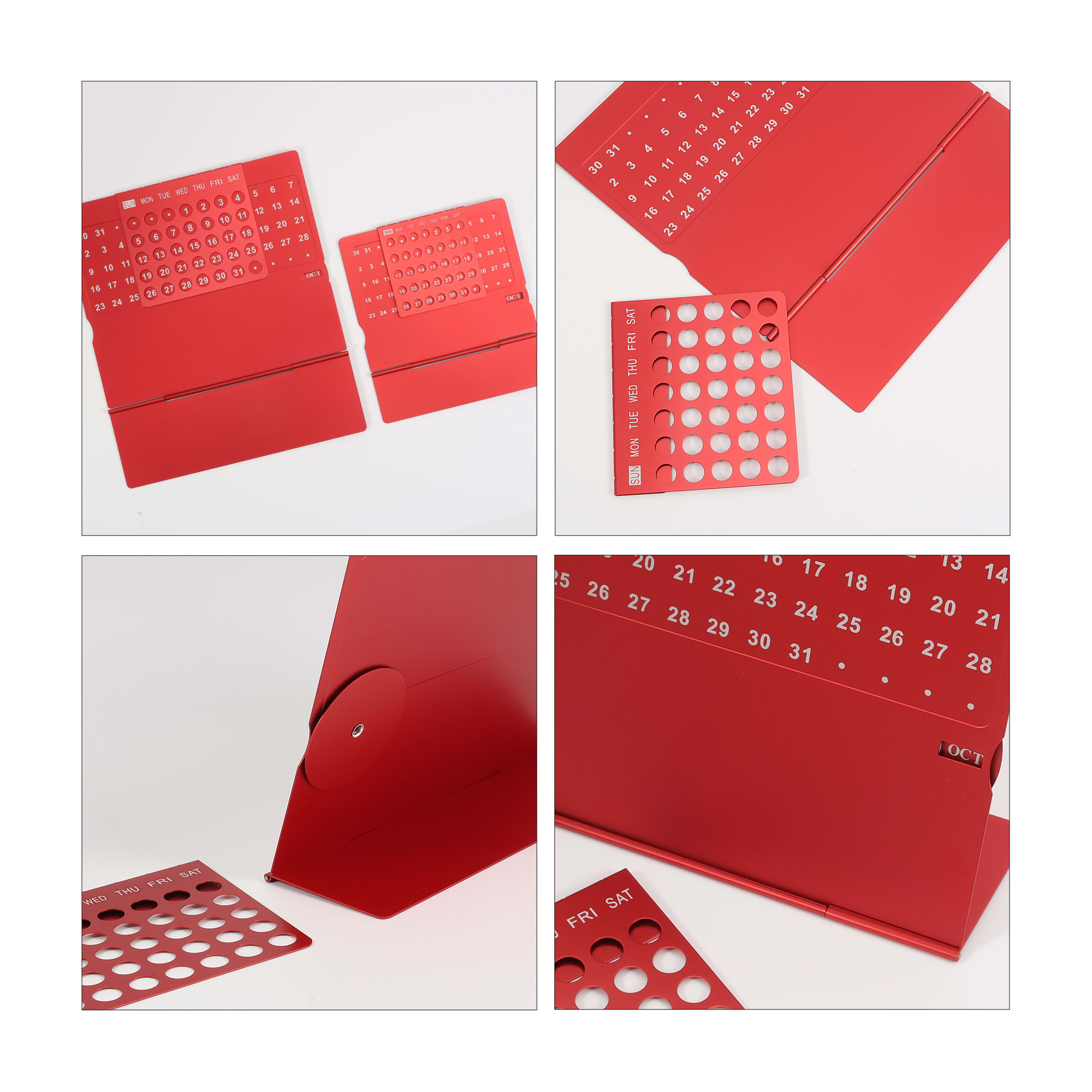 A red aluminium desk calendar featuring removable date panels and a sleek design. Includes a logo.