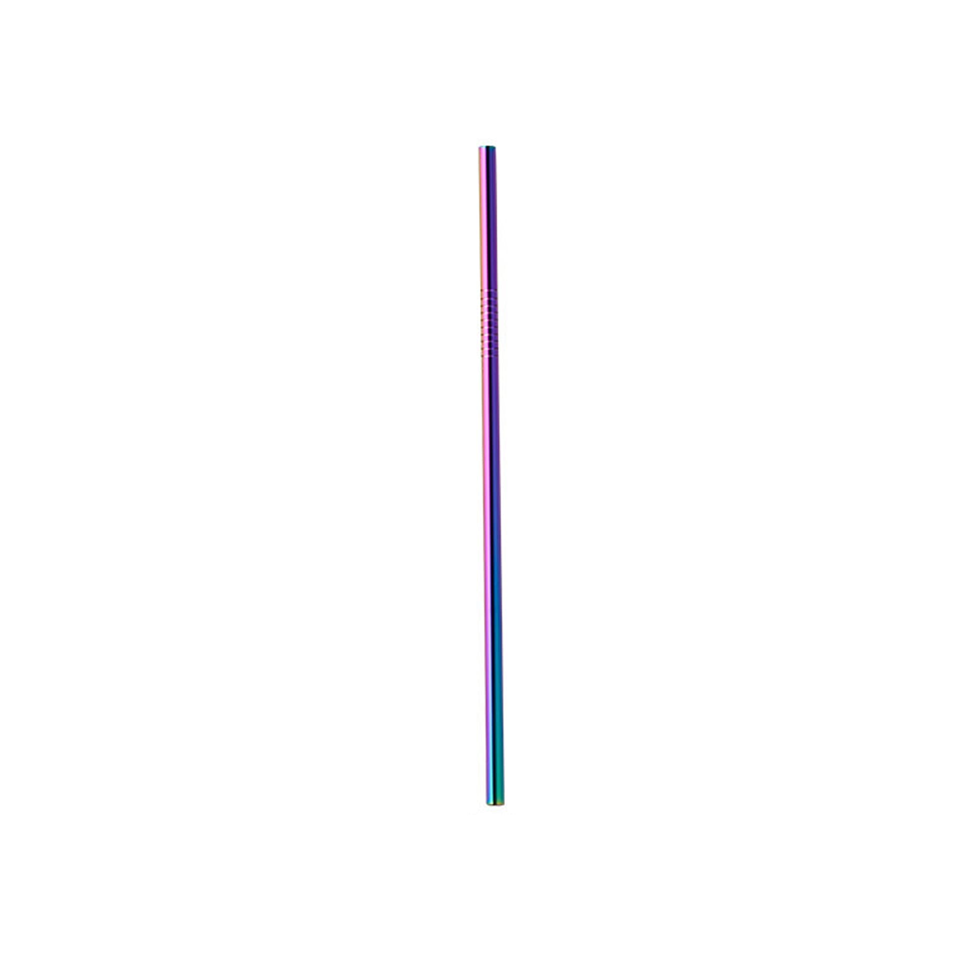 A drinking straw made of stainless steel, featuring a gradient of vibrant colours from purple to blue.