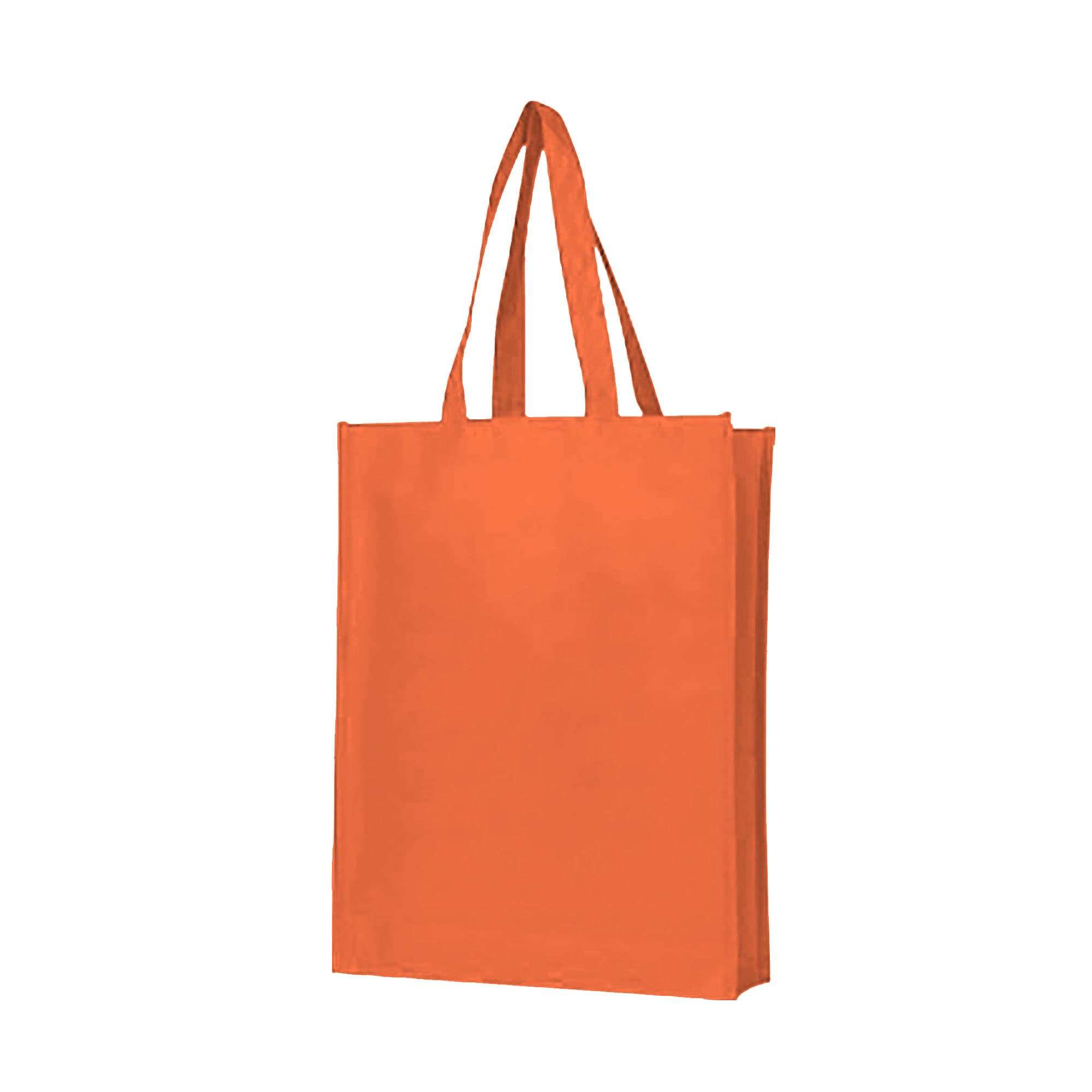An orange non-woven bag with large gusset and two sturdy handles. It features a logo on the side.