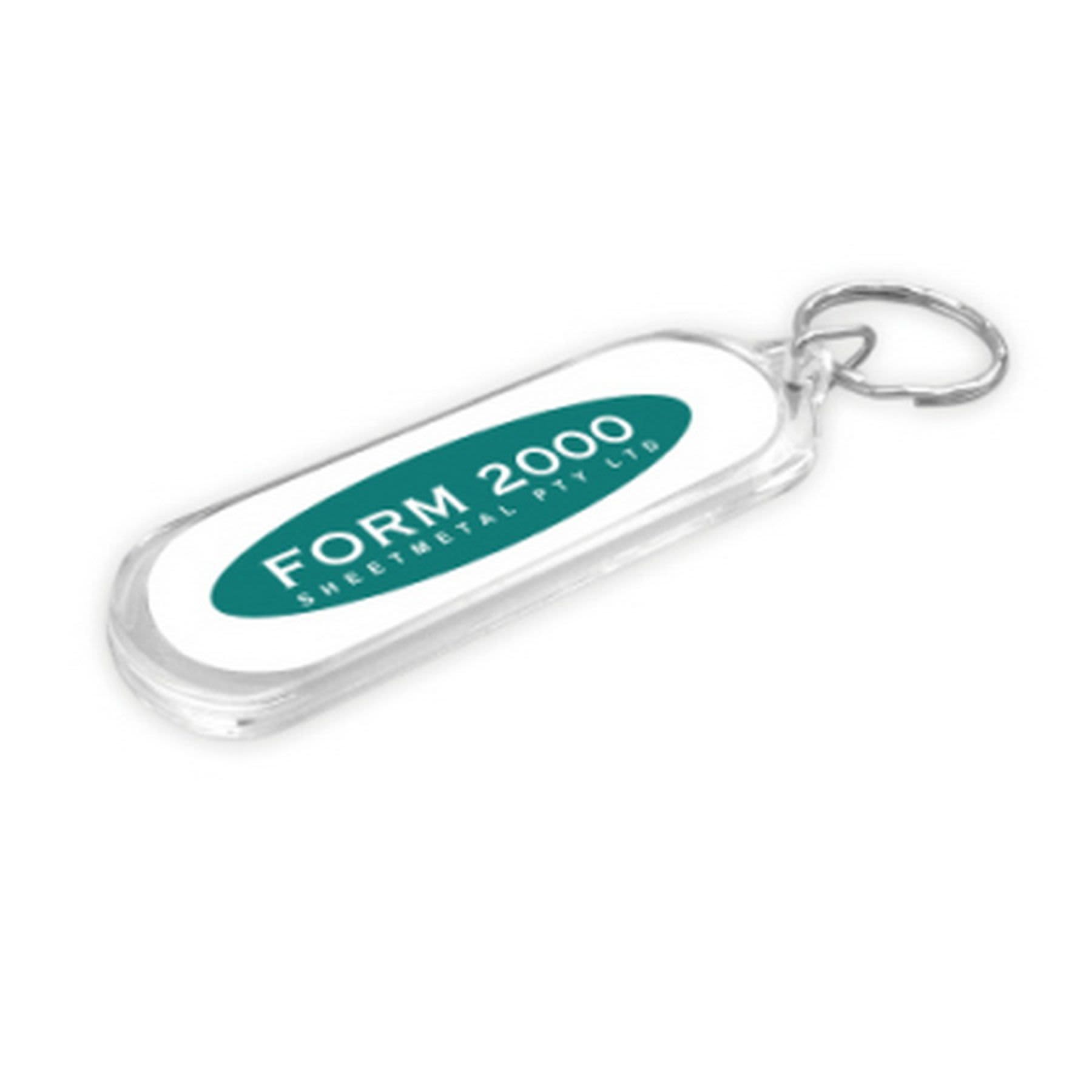 An oblong acrylic keyring with a silver metal keychain, featuring a white background and a green logo.