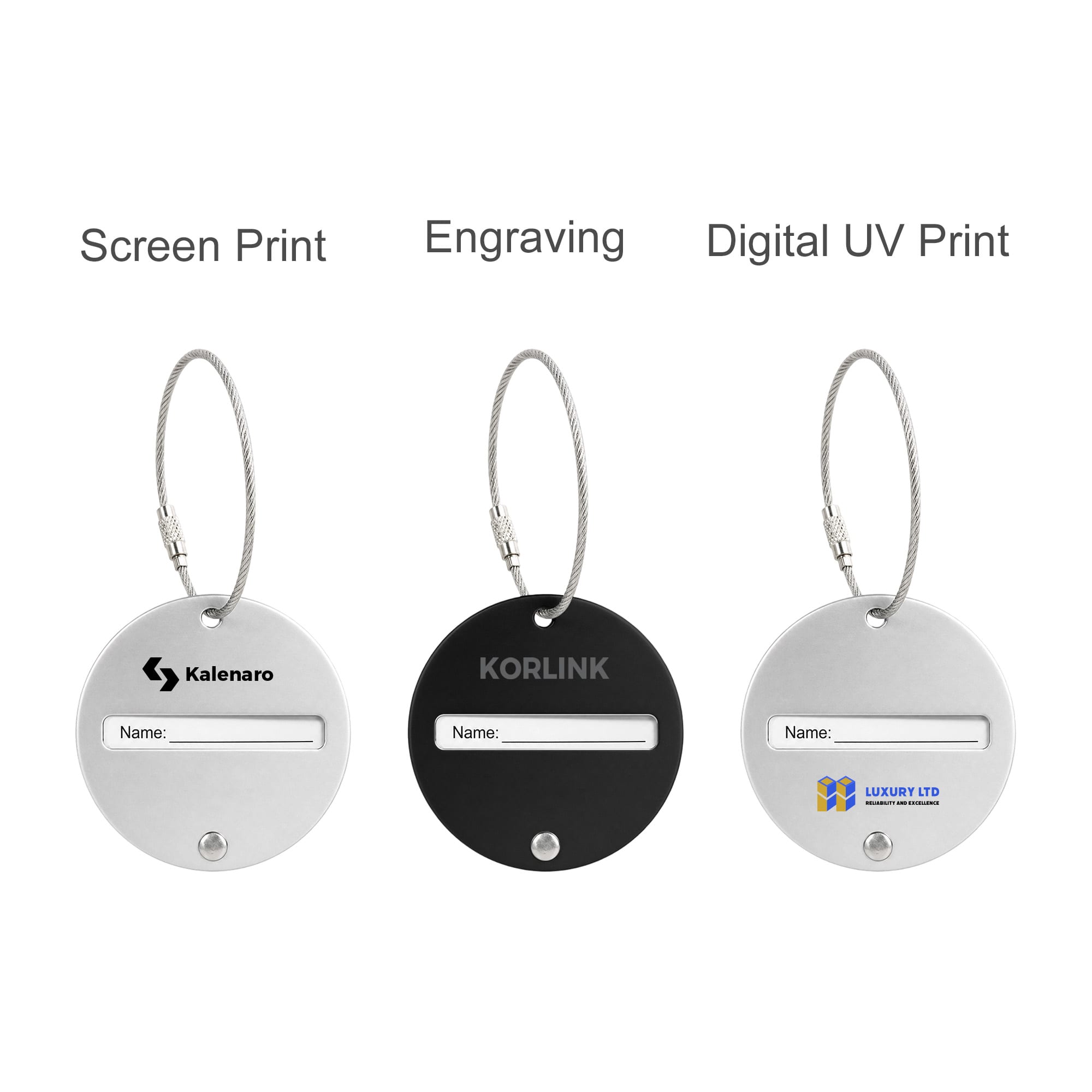 Three round wire cable luggage tags in silver, black, and a colourful design, featuring space for names and branding.