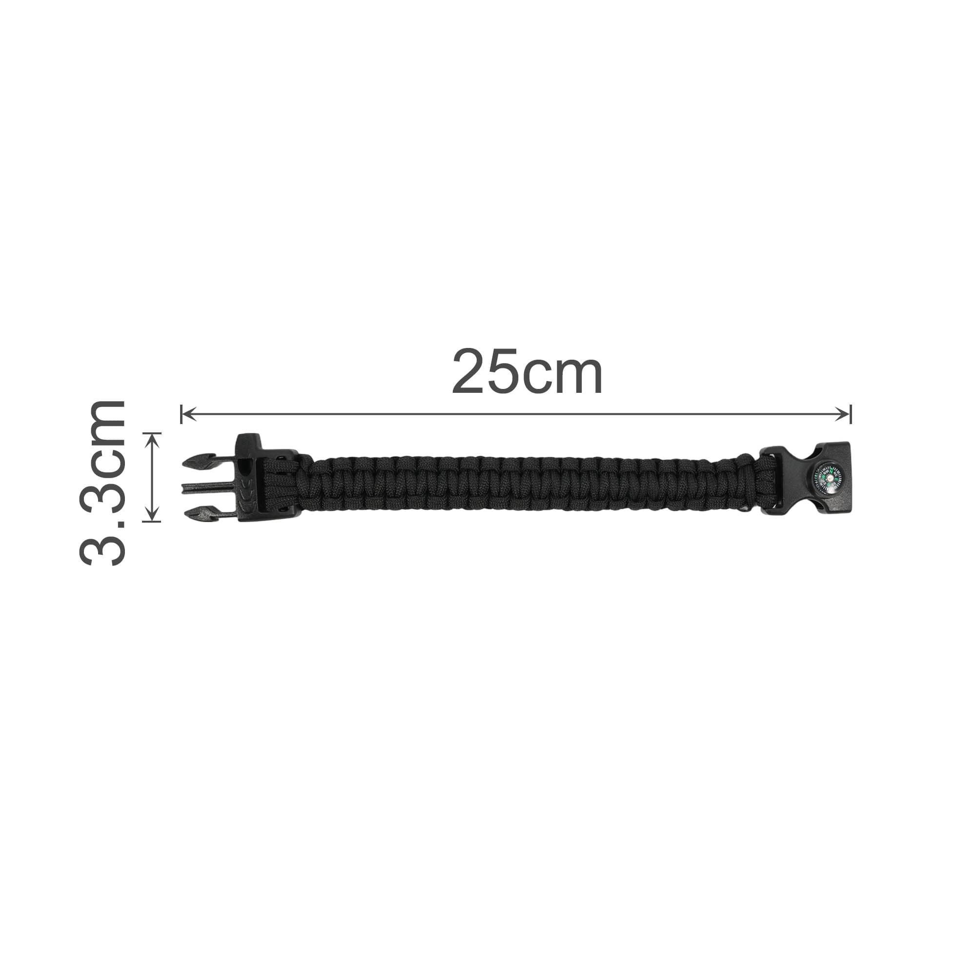 A black 3 in 1 emergency survival bracelet featuring a whistle and compass, measuring 25 cm in length.