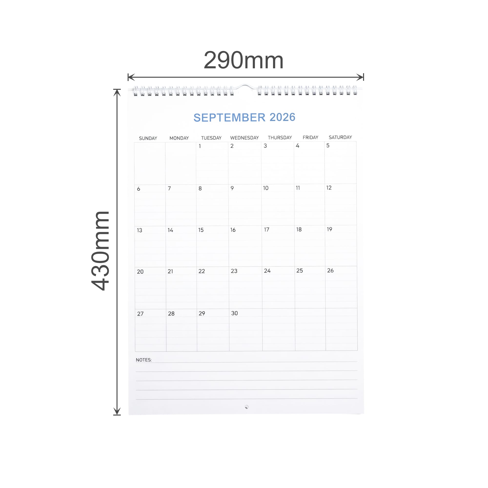 A vertical wall calendar featuring a clean, white design with blank spaces for September 2026, spiral-bound at the top.
