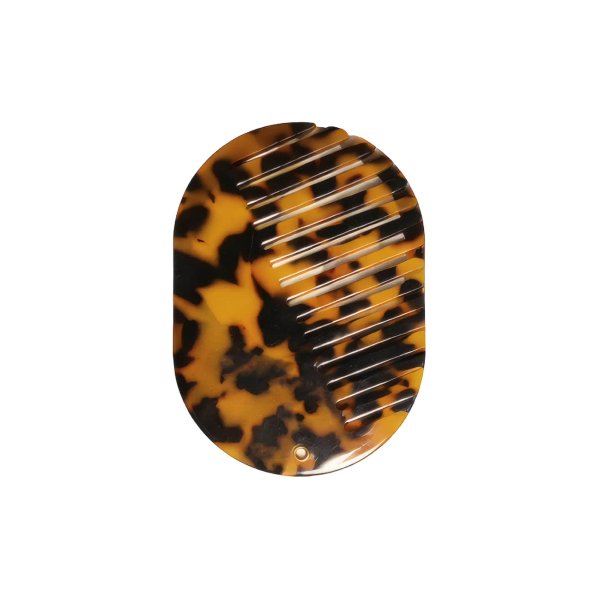 A portable acetate hair comb in tortoiseshell pattern featuring fine and wide teeth and a small circular hole for attachment.