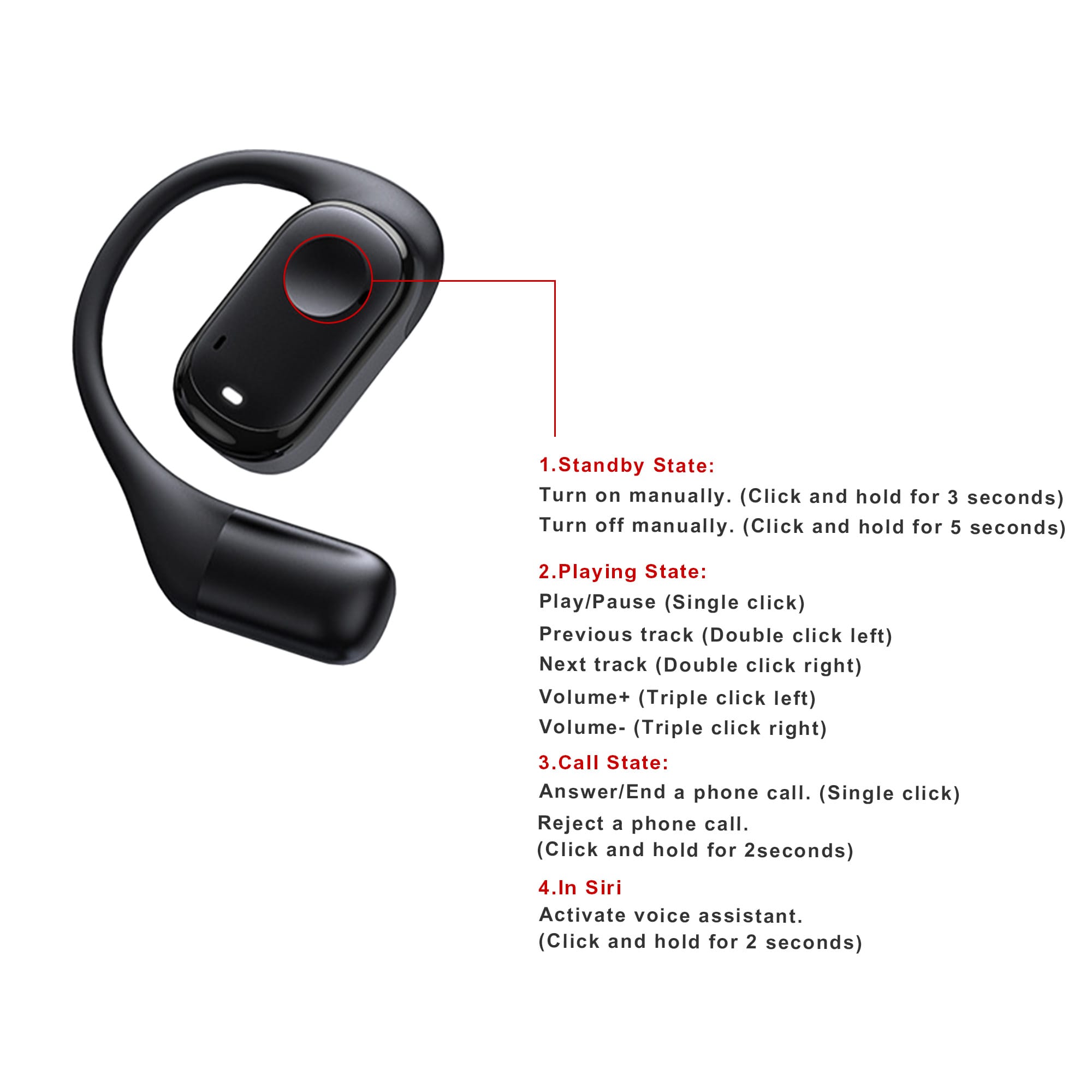A pair of black open-ear headphones with a control button and flexible design, featuring a logo.